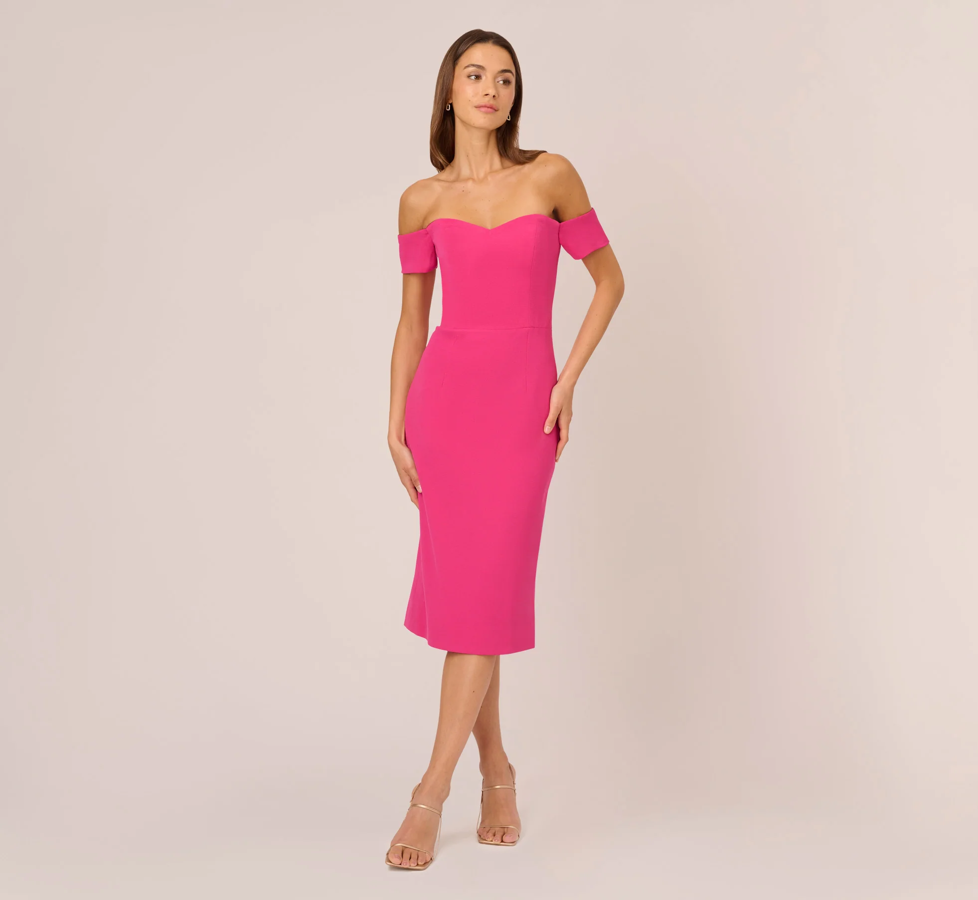 Off The Shoulder Midi Dress With Sweetheart Neckline In Brilliant Fuchsia - Image 3