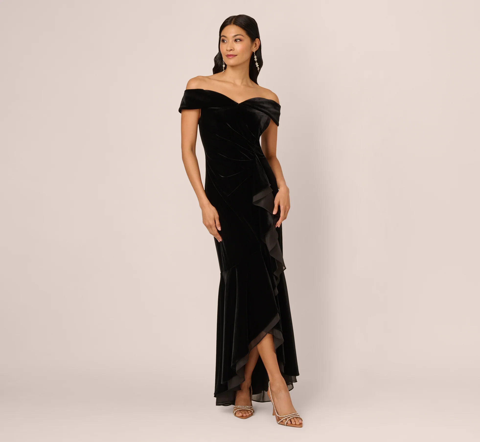 Off The Shoulder Velvet Mermaid Gown With Organza Ruffle In Black - Image 2
