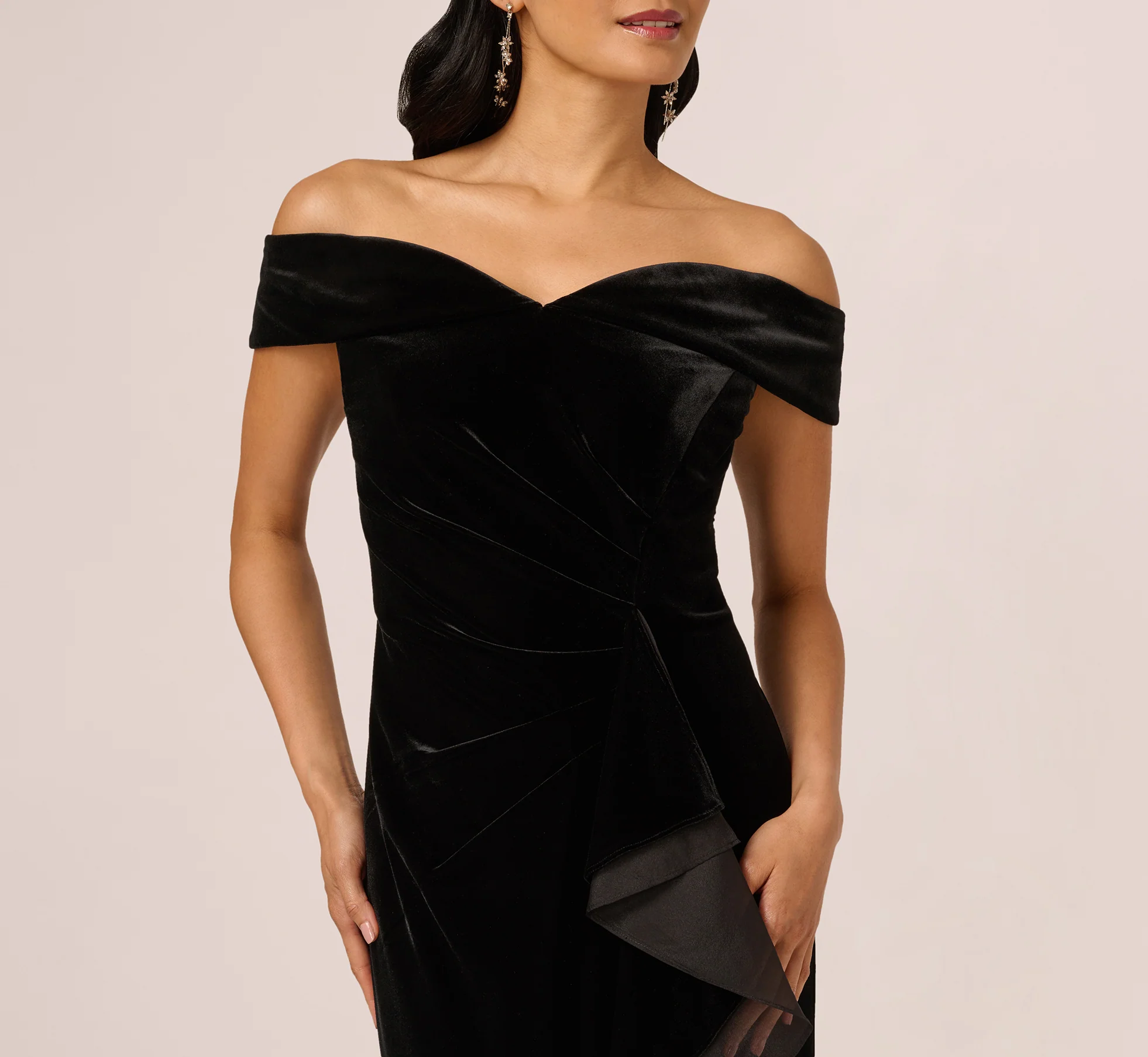Off The Shoulder Velvet Mermaid Gown With Organza Ruffle In Black - Image 3
