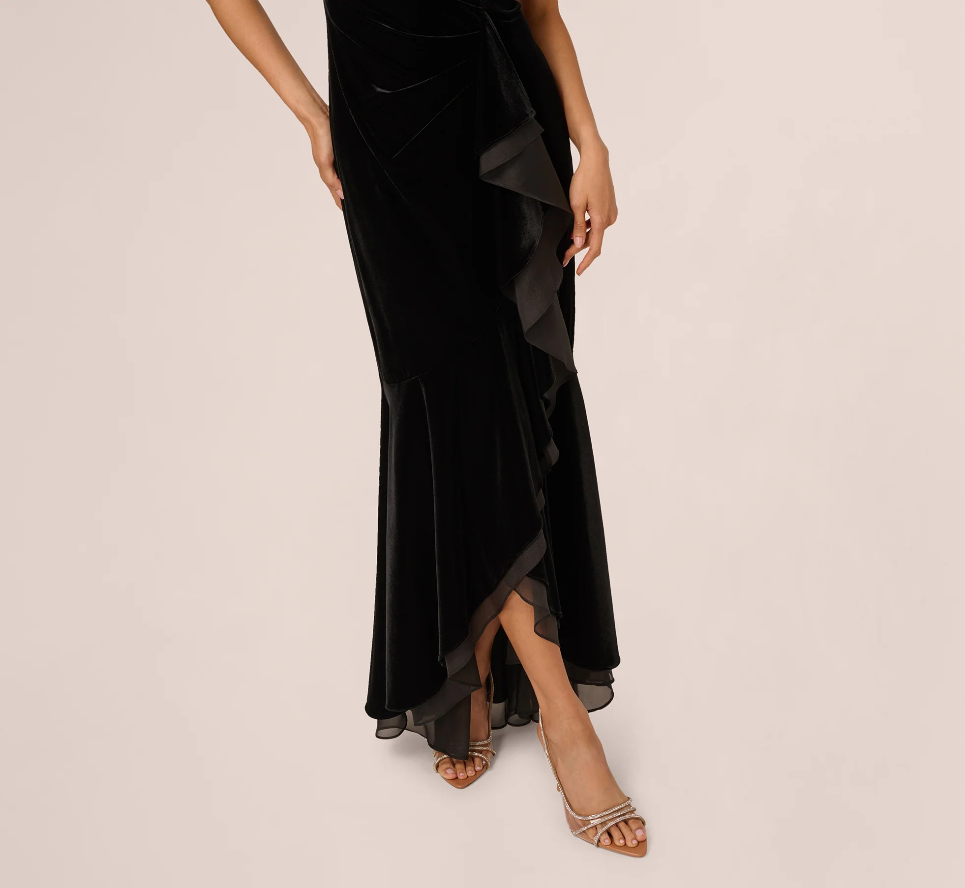 Off The Shoulder Velvet Mermaid Gown With Organza Ruffle In Black - Image 4