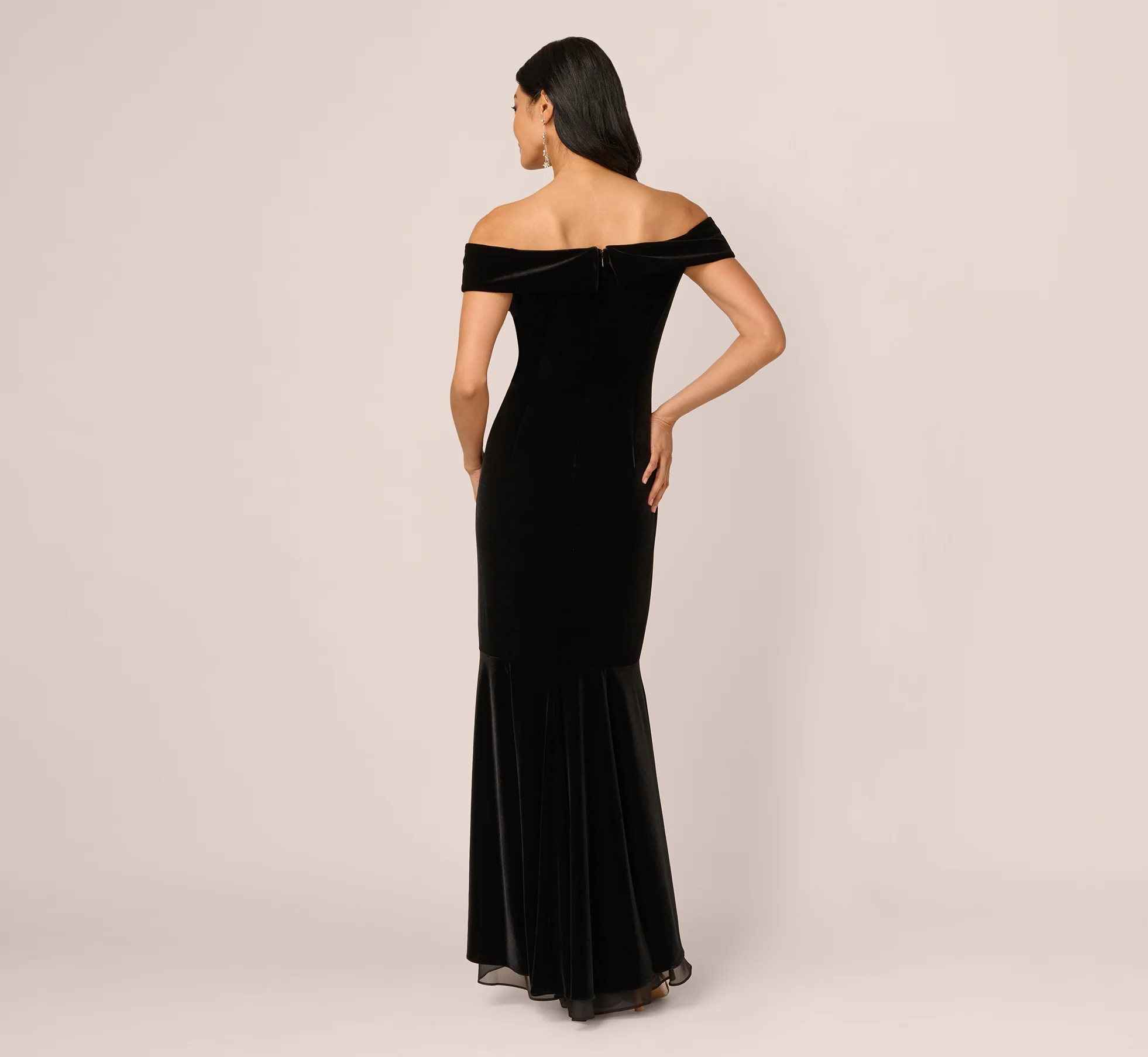 Off The Shoulder Velvet Mermaid Gown With Organza Ruffle In Black - Image 5