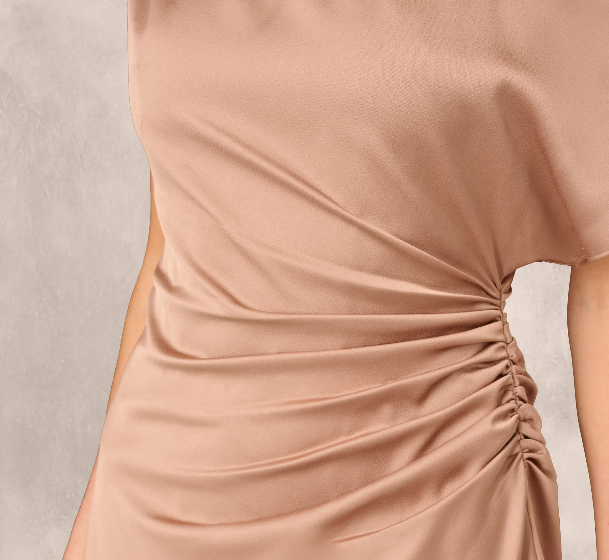 One Shoulder Asymmetrical Draped Satin Midi Dress In Cafe Mocha - Image 4