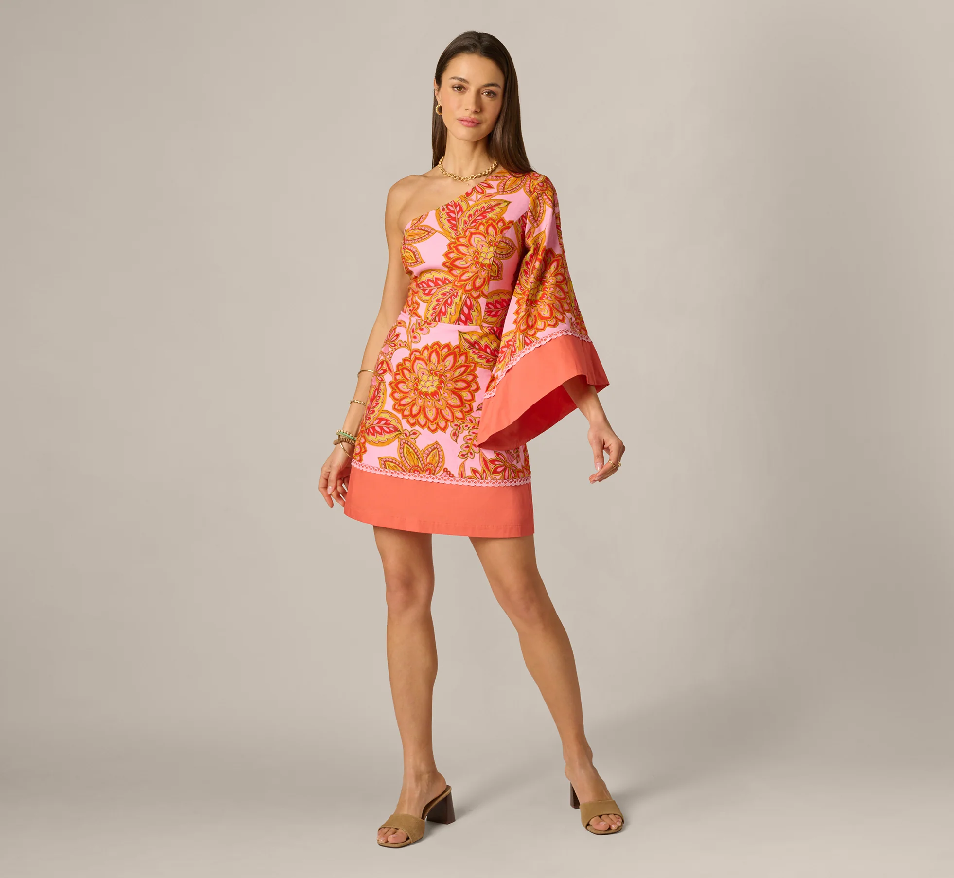 One Shoulder Bell Sleeve Paisley Short Dress In Pink Multi - Image 2