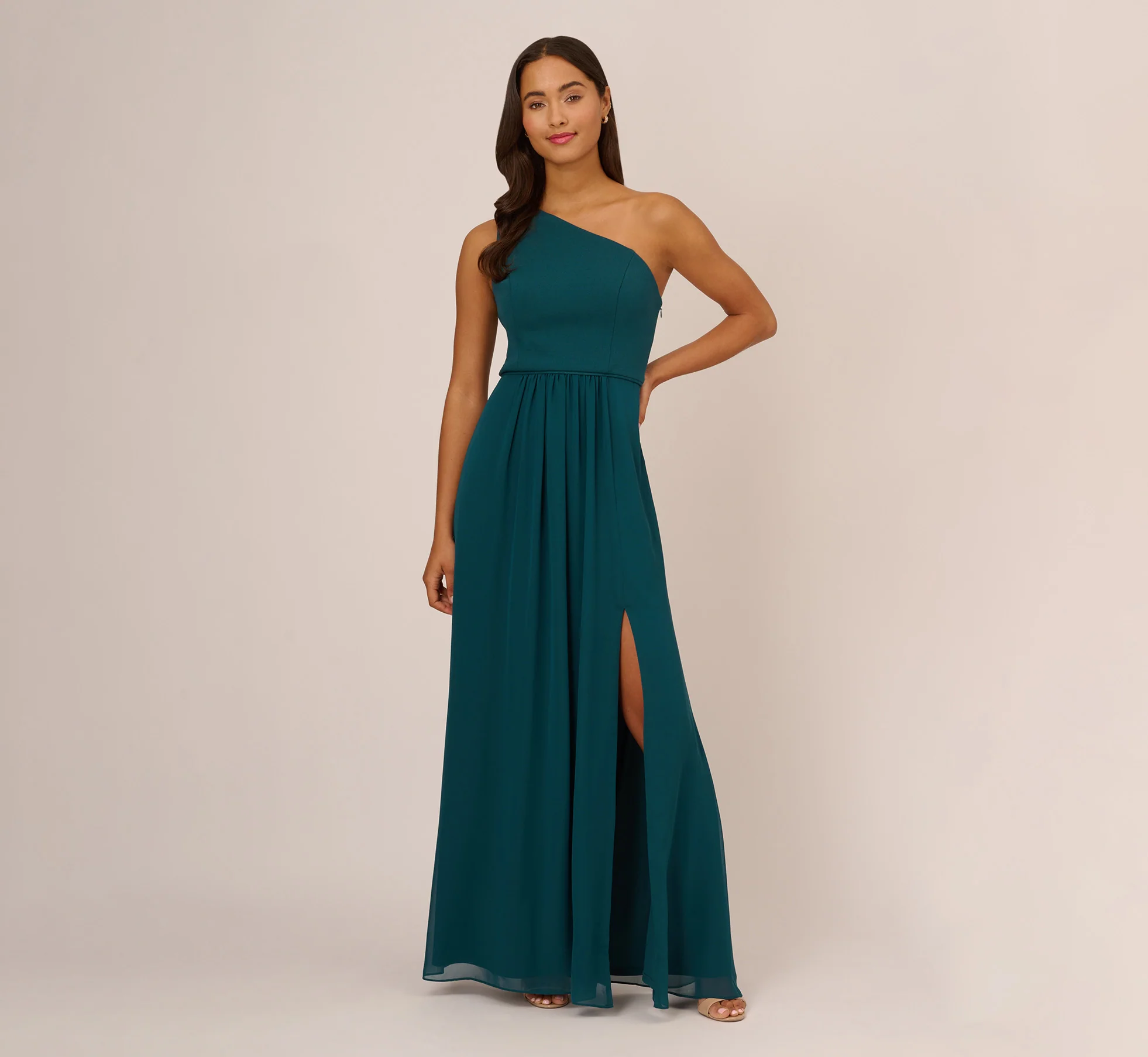 One Shoulder Chiffon Long Gown In Hunter - Image 2