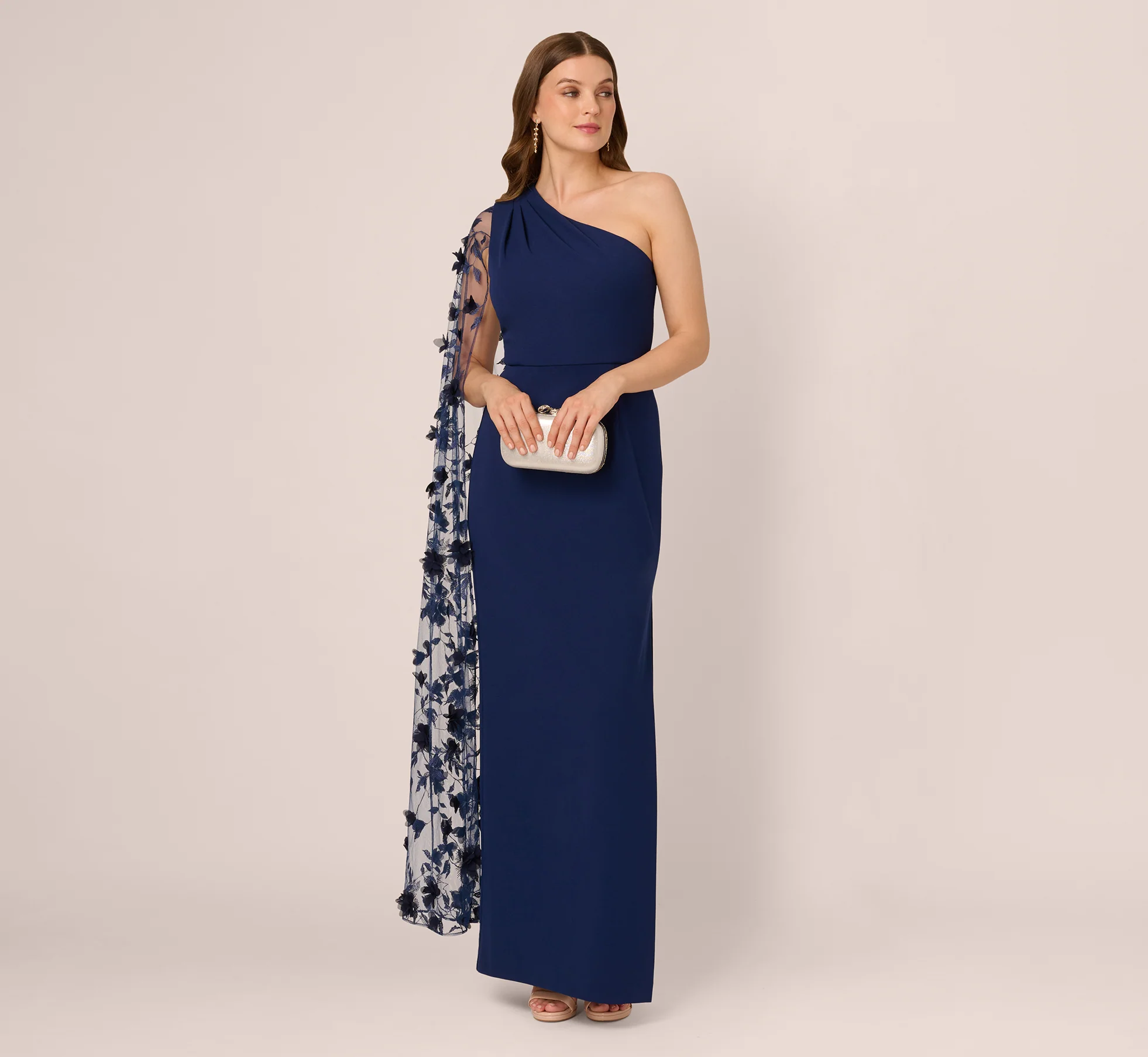 One Shoulder Floral Cape Sleeve Dress In Navy Sateen - Image 2