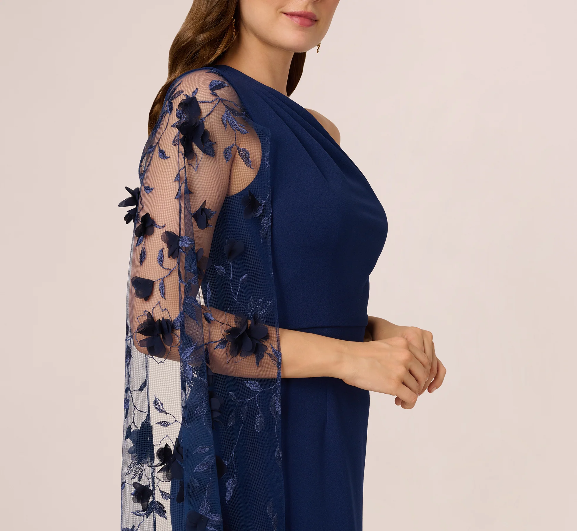One Shoulder Floral Cape Sleeve Dress In Navy Sateen - Image 4