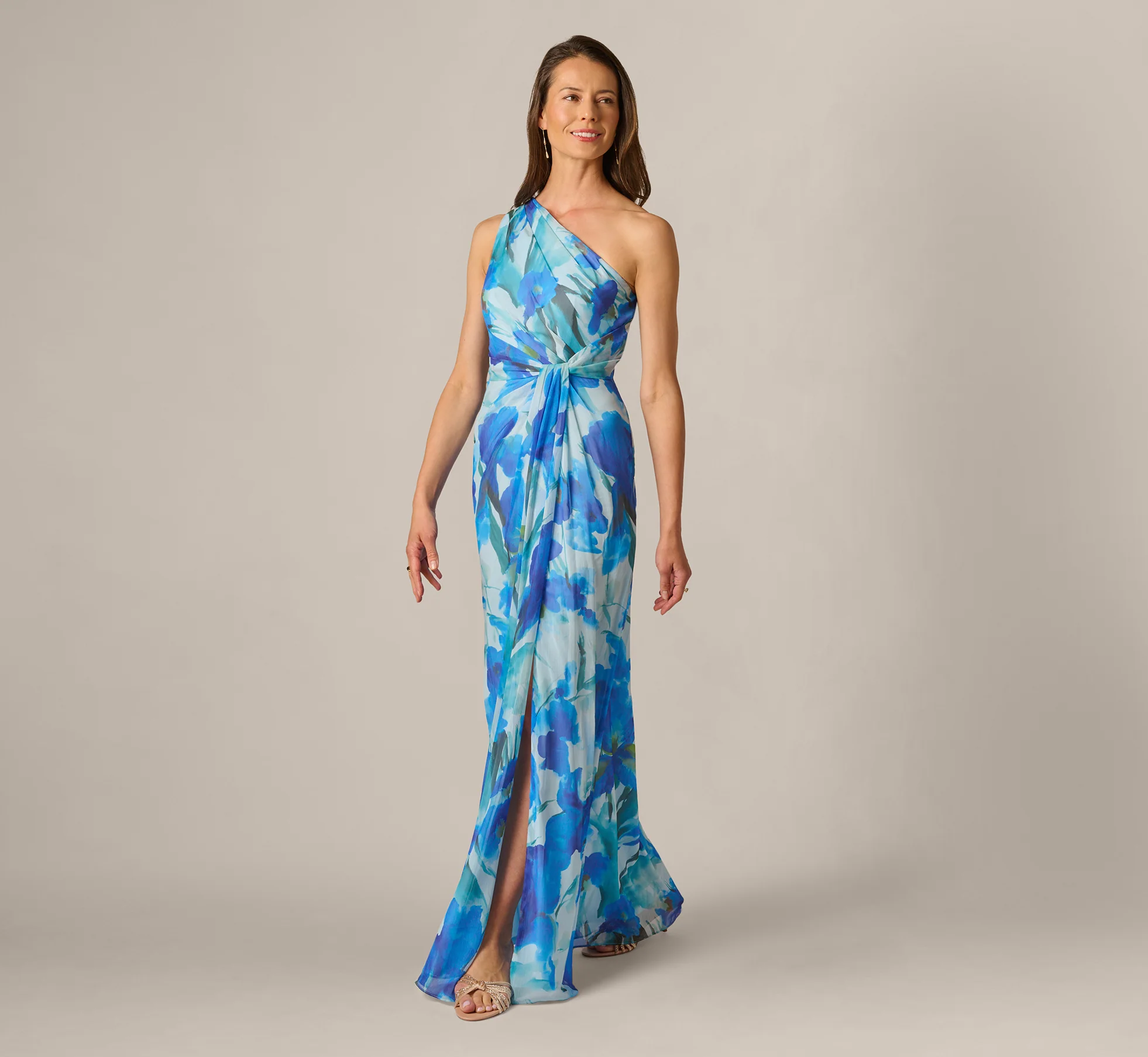 One Shoulder Floral Chiffon Draped Gown In Blue Multi - Image 2