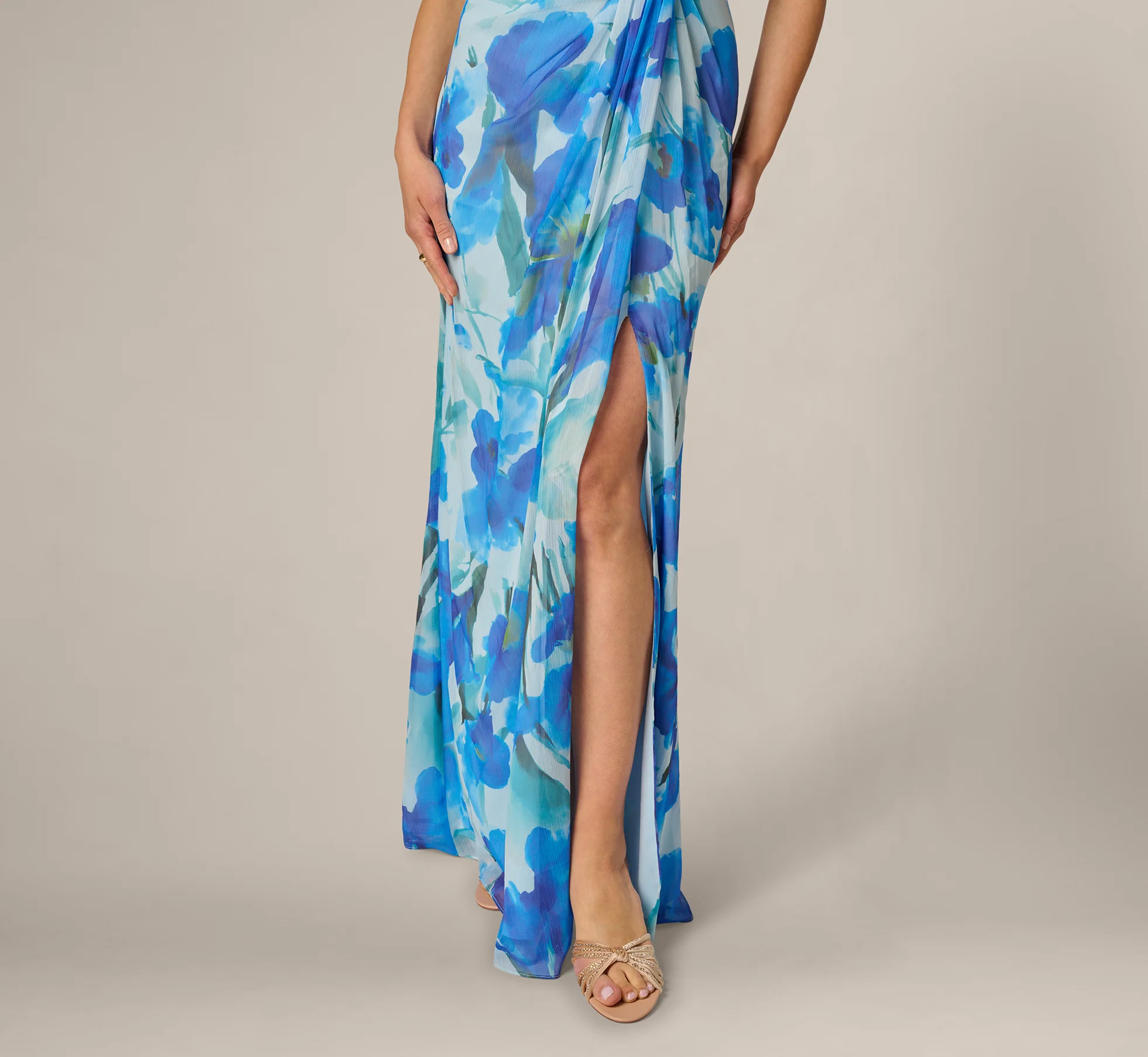 One Shoulder Floral Chiffon Draped Gown In Blue Multi - Image 3