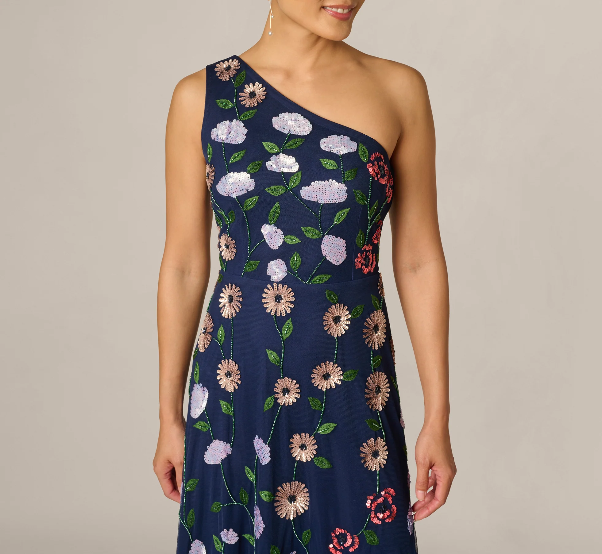 One Shoulder Floral Garden Beaded Gown In Navy Multi - Image 3