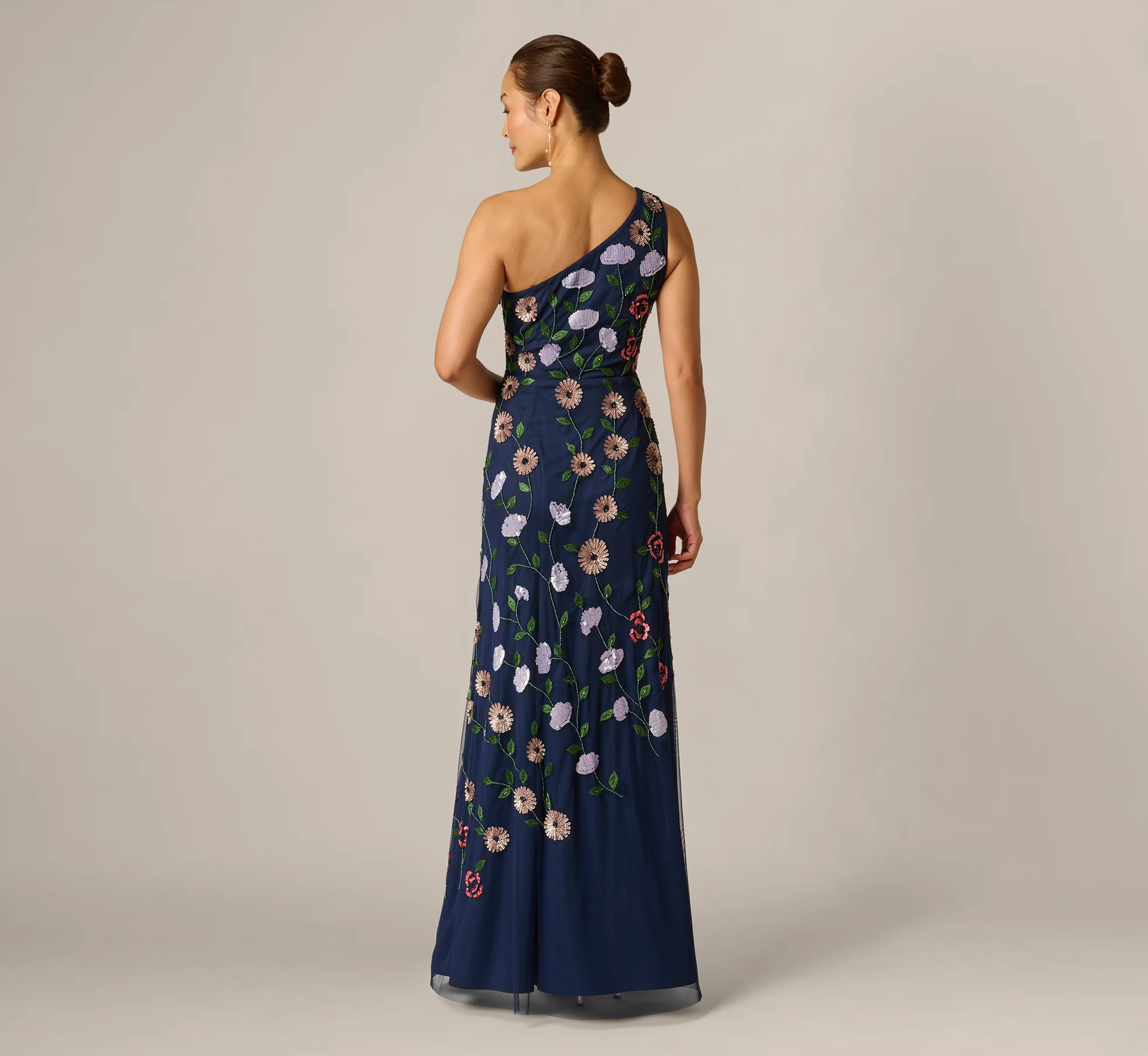 One Shoulder Floral Garden Beaded Gown In Navy Multi - Image 5