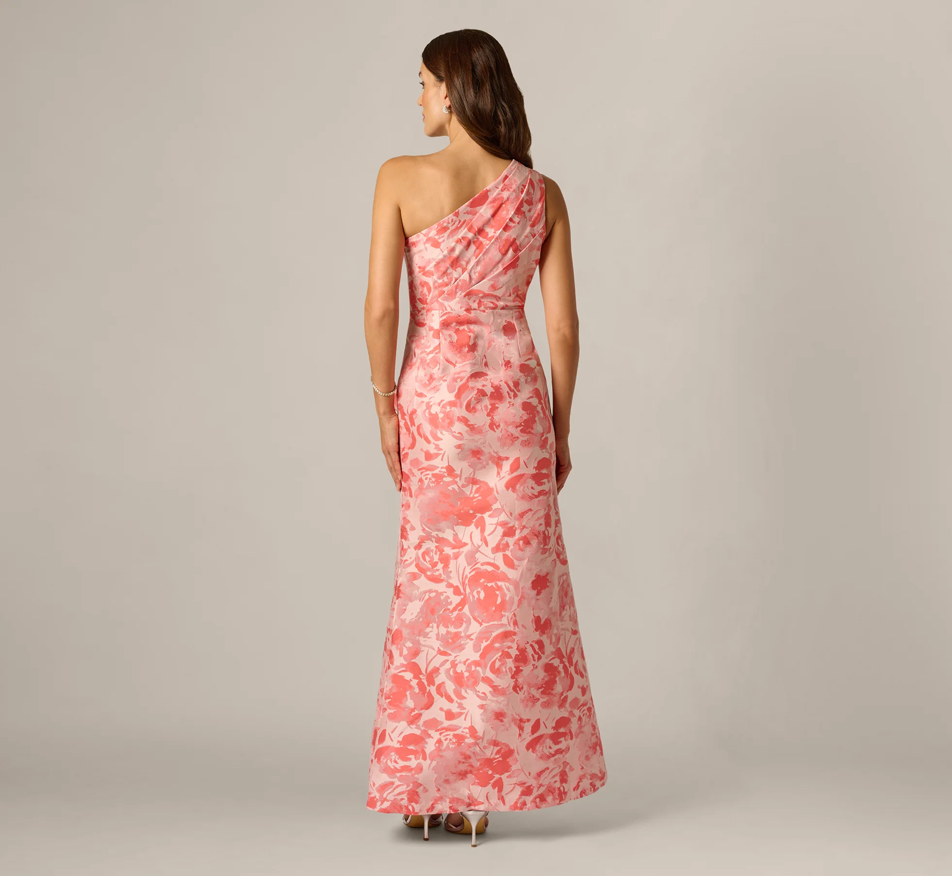 One Shoulder Floral Jacquard Draped Gown In Coral Multi - Image 5