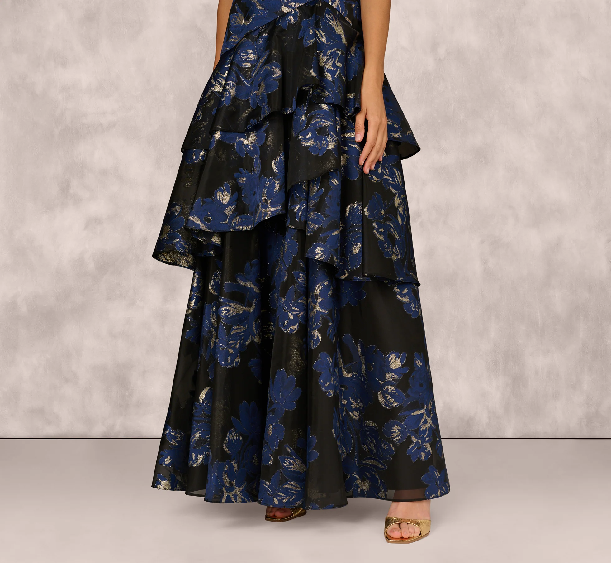 One Shoulder Floral Jacquard Flounce Ballgown In Navy Multi - Image 4