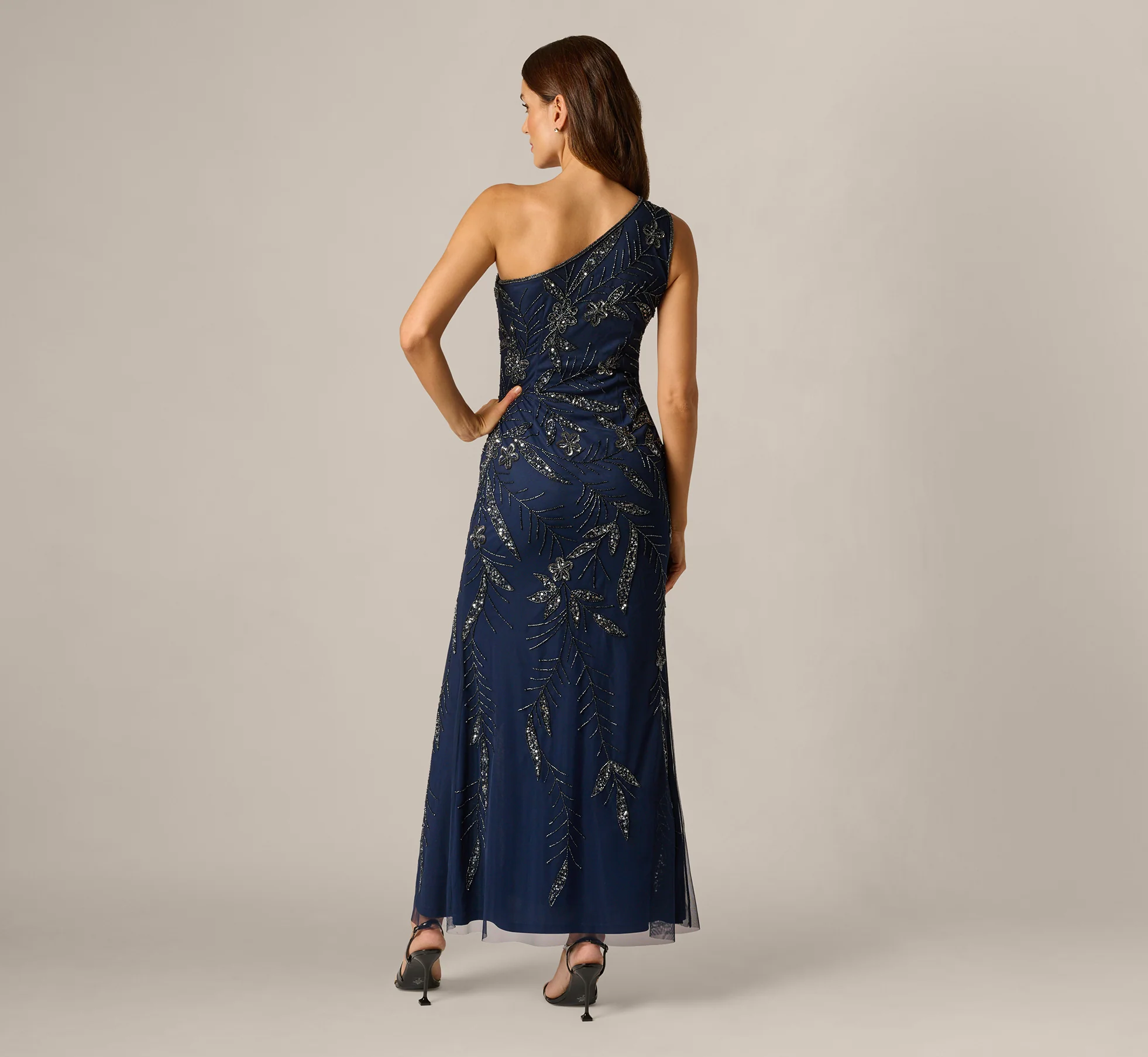 One Shoulder Floral Sequin Bead Gown In Light Navy - Image 5
