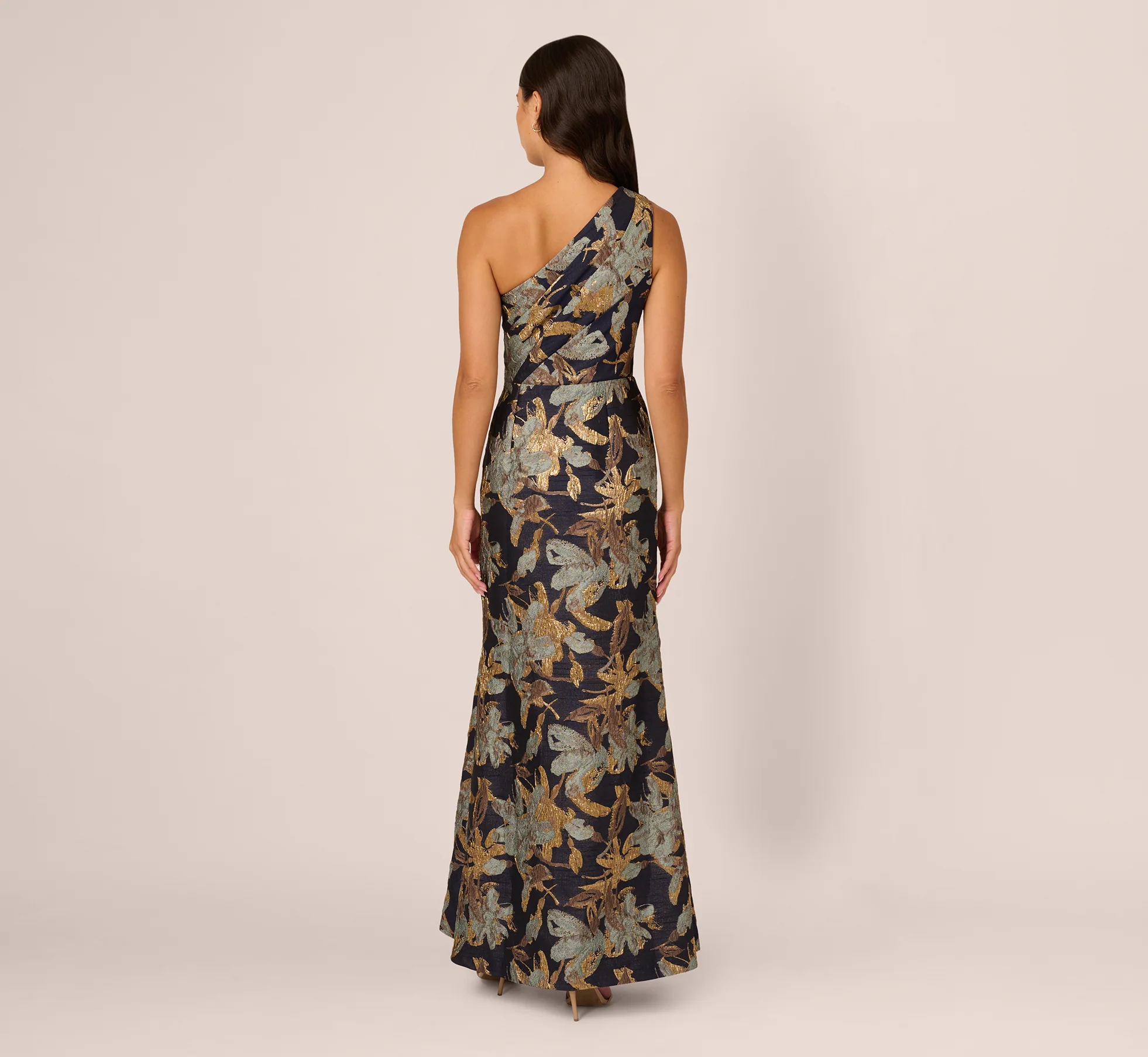 One Shoulder Jacquard Dress In Blue Gold - Image 5