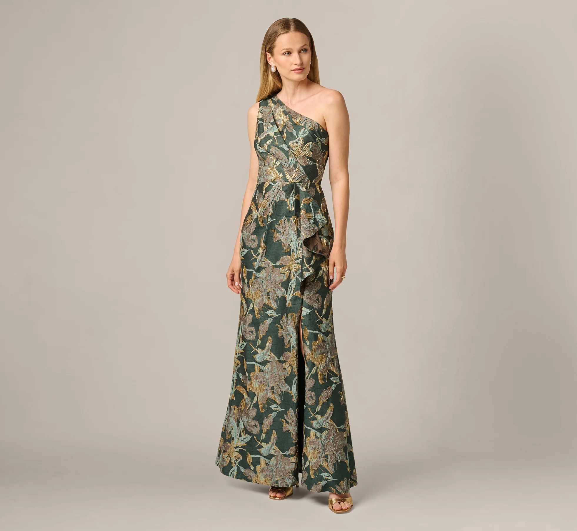 One Shoulder Jacquard Dress In Green Gold - Image 2