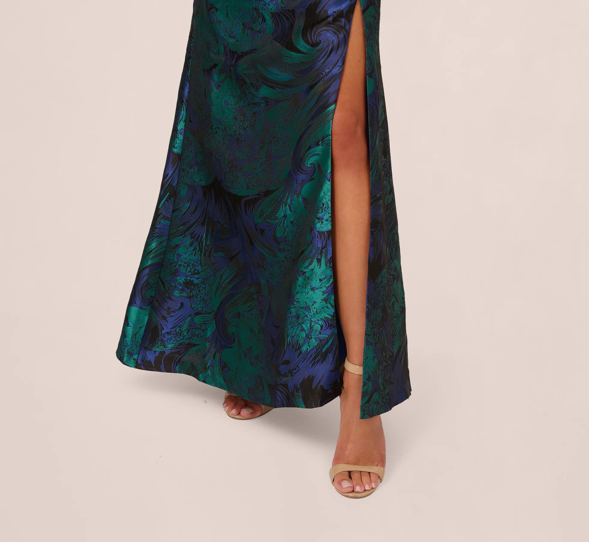 One Shoulder Jacquard Mermaid Gown With Drape Detail In Cobalt Teal - Image 5