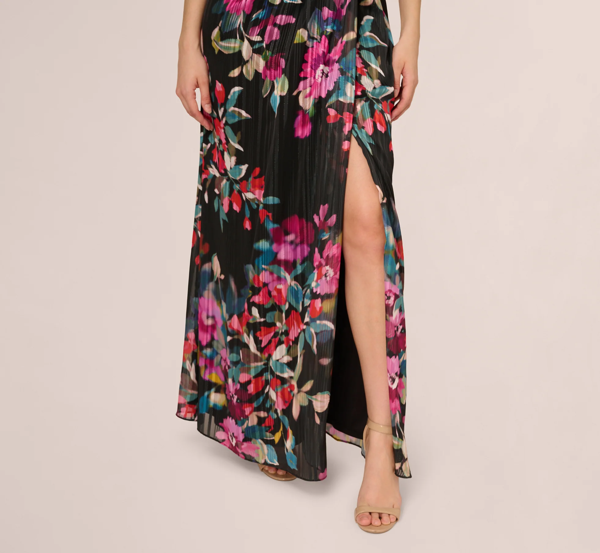 One Shoulder Metallic Floral Stripe Gown In Black Multi - Image 3