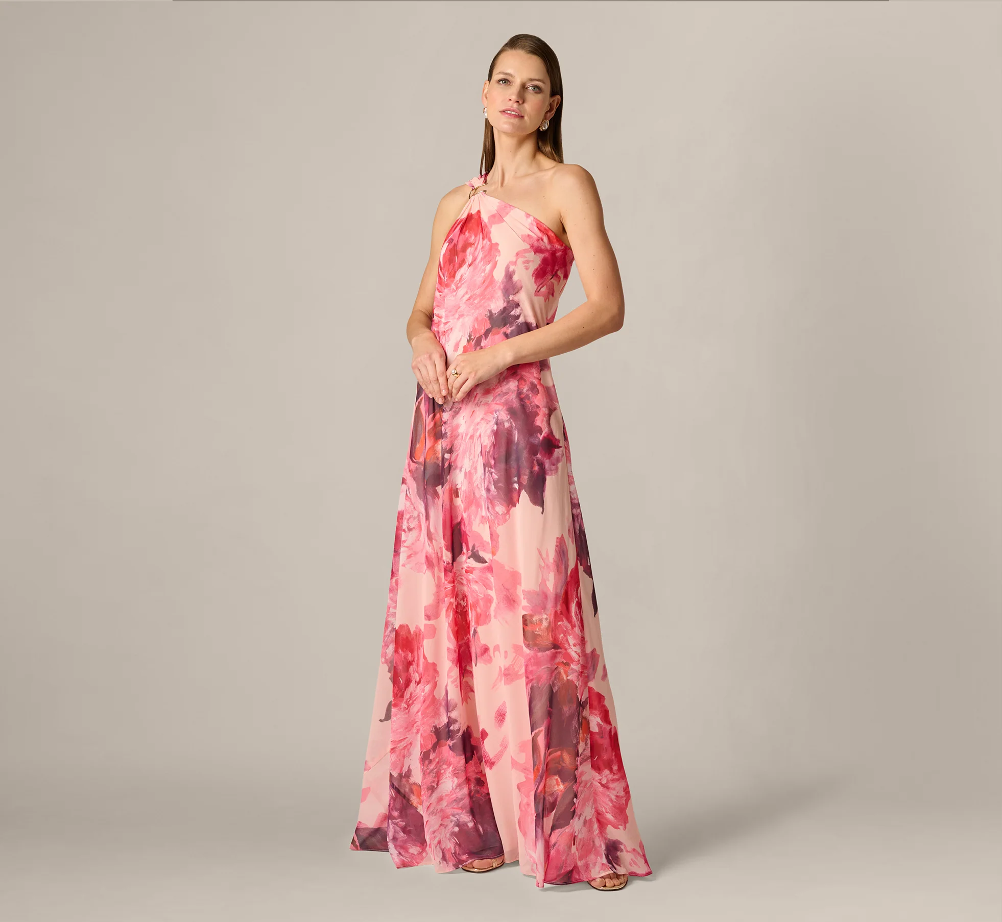 One Shoulder Peony Floral Chiffon Scarf Gown In Pink Multi - Image 2