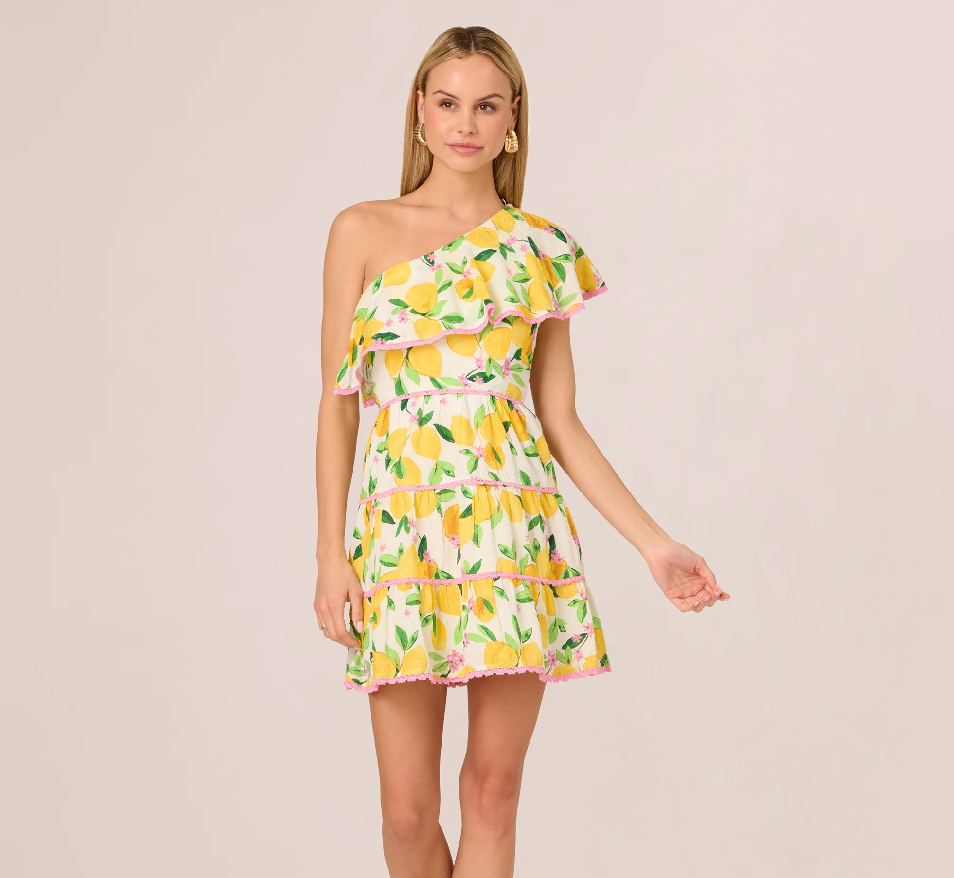 One Shoulder Ruffle Lemon Print Mini Dress In White Multi - Image 3