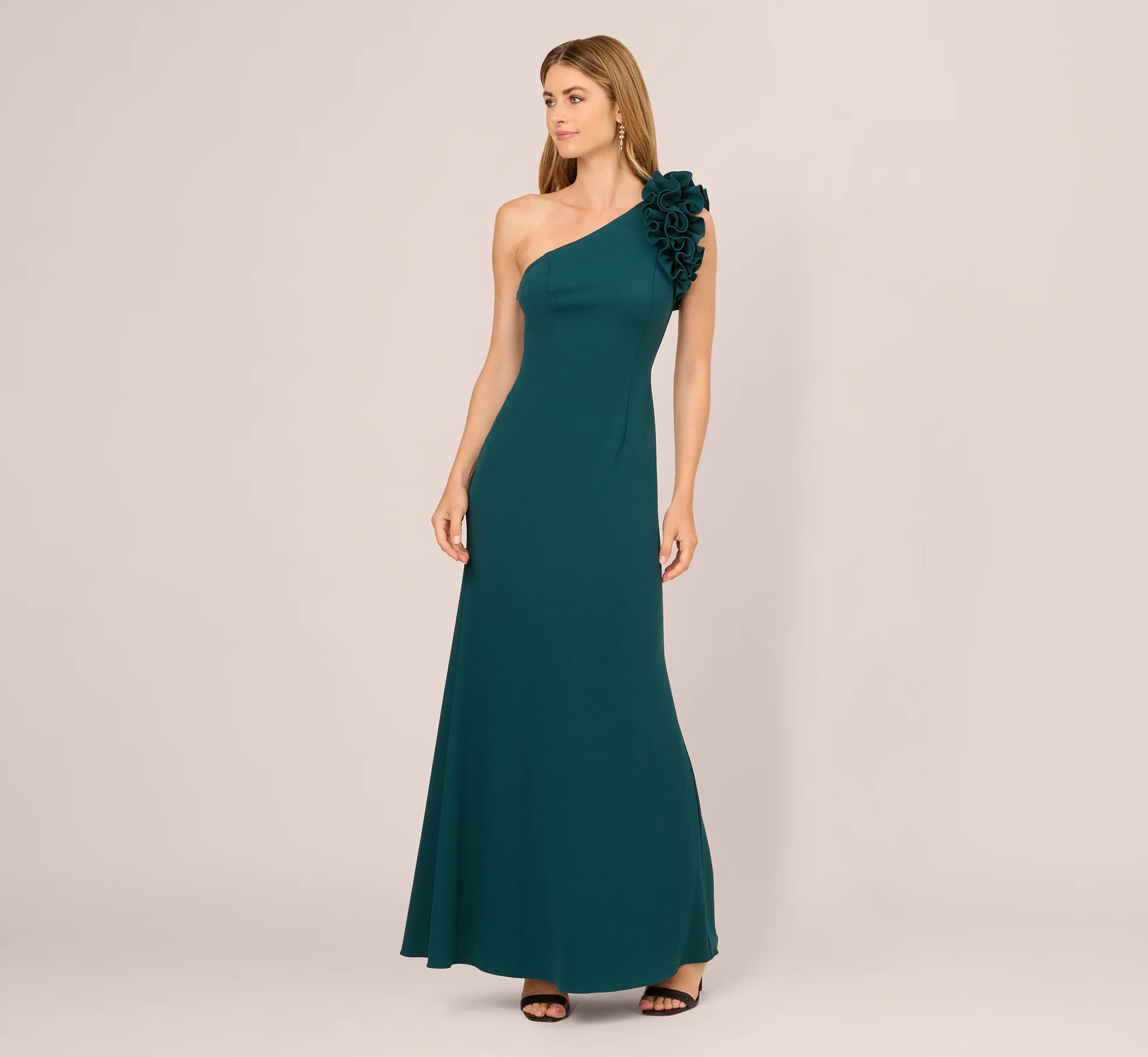 One Shoulder Ruffle Mermaid Gown In Hunter - Image 2