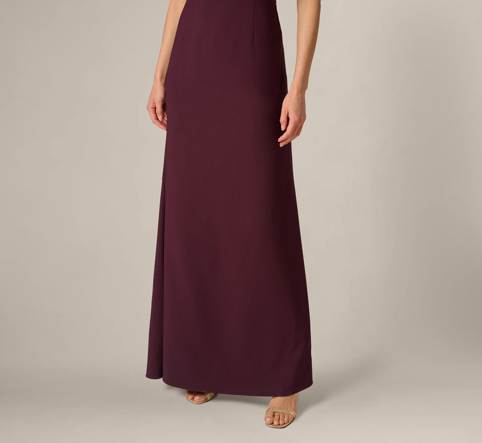 One Shoulder Satin Bow Crepe Gown In Bordeaux Glow - Image 4