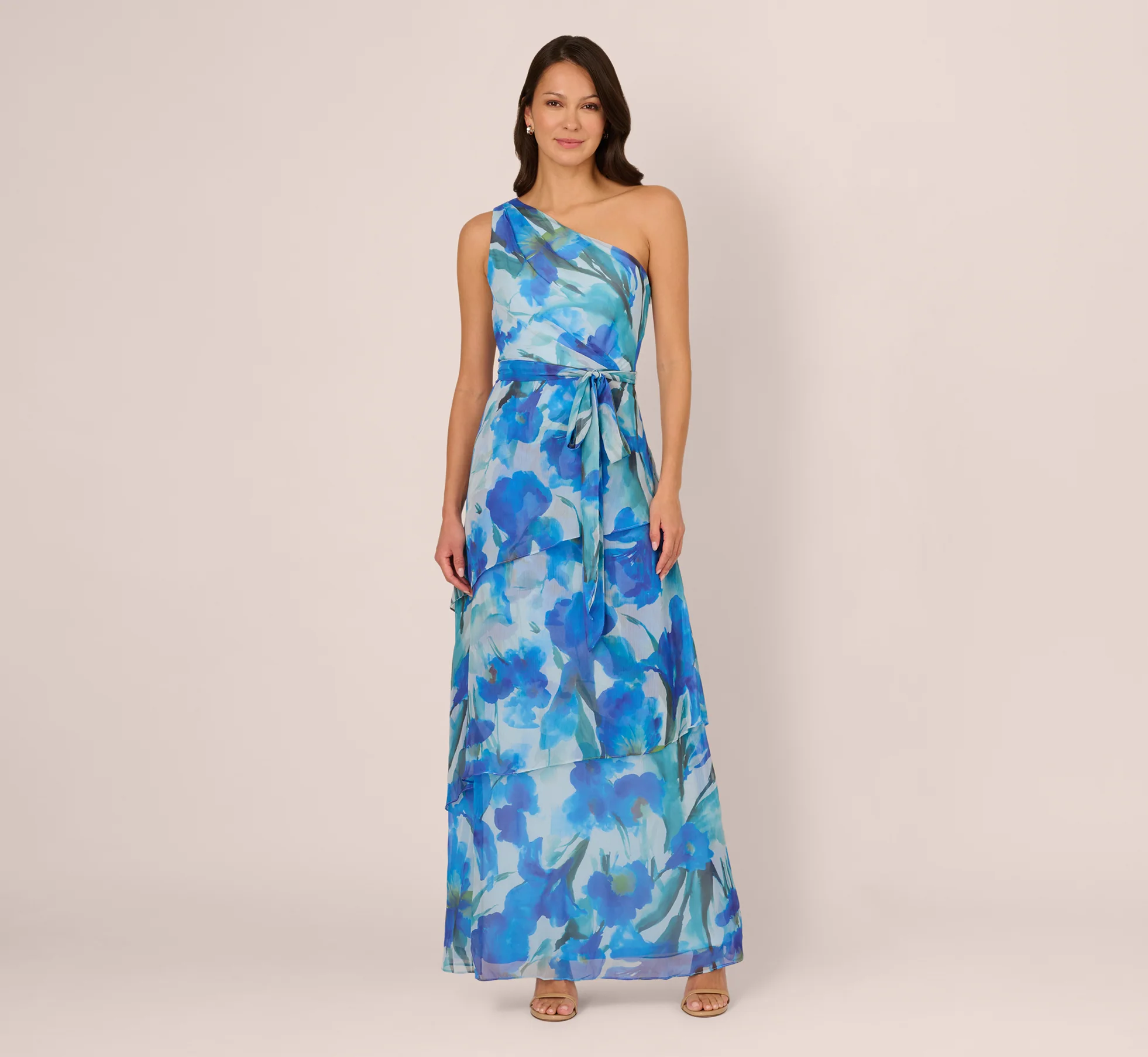 One Shoulder Tiered Floral Chiffon Gown In Blue Multi - Image 3
