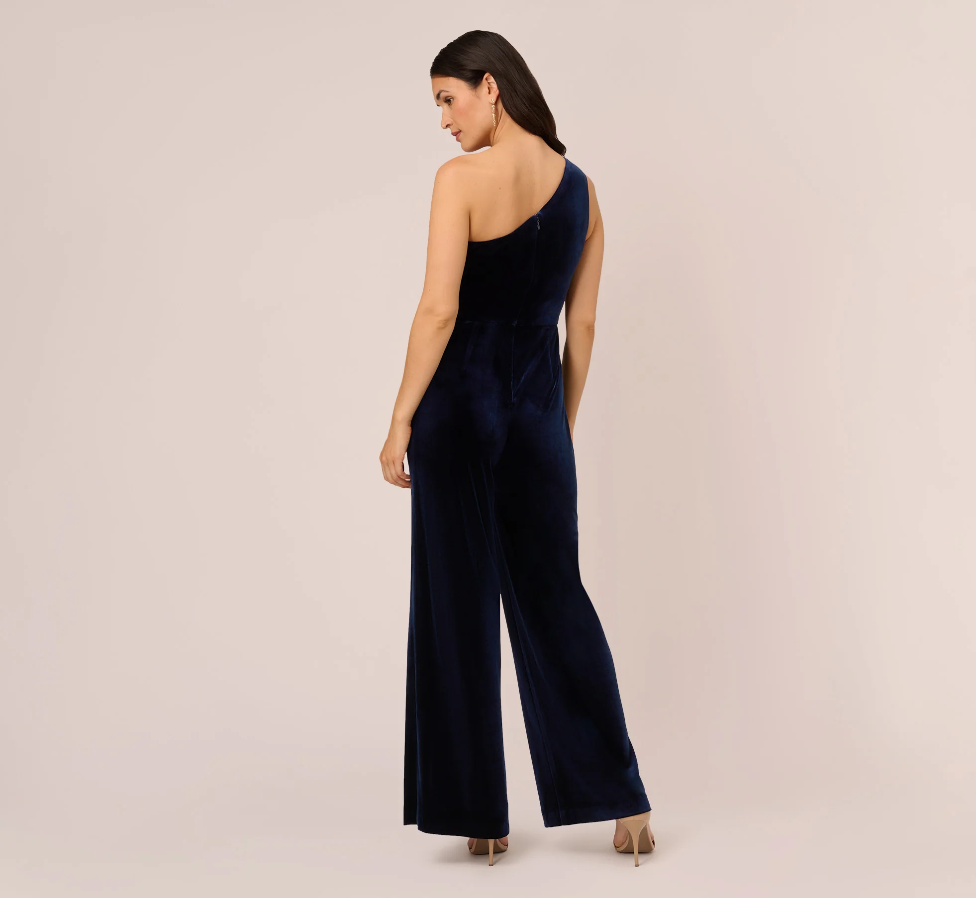 One Shoulder Velvet Jumpsuit With Draped Accent In Midnight - Image 5