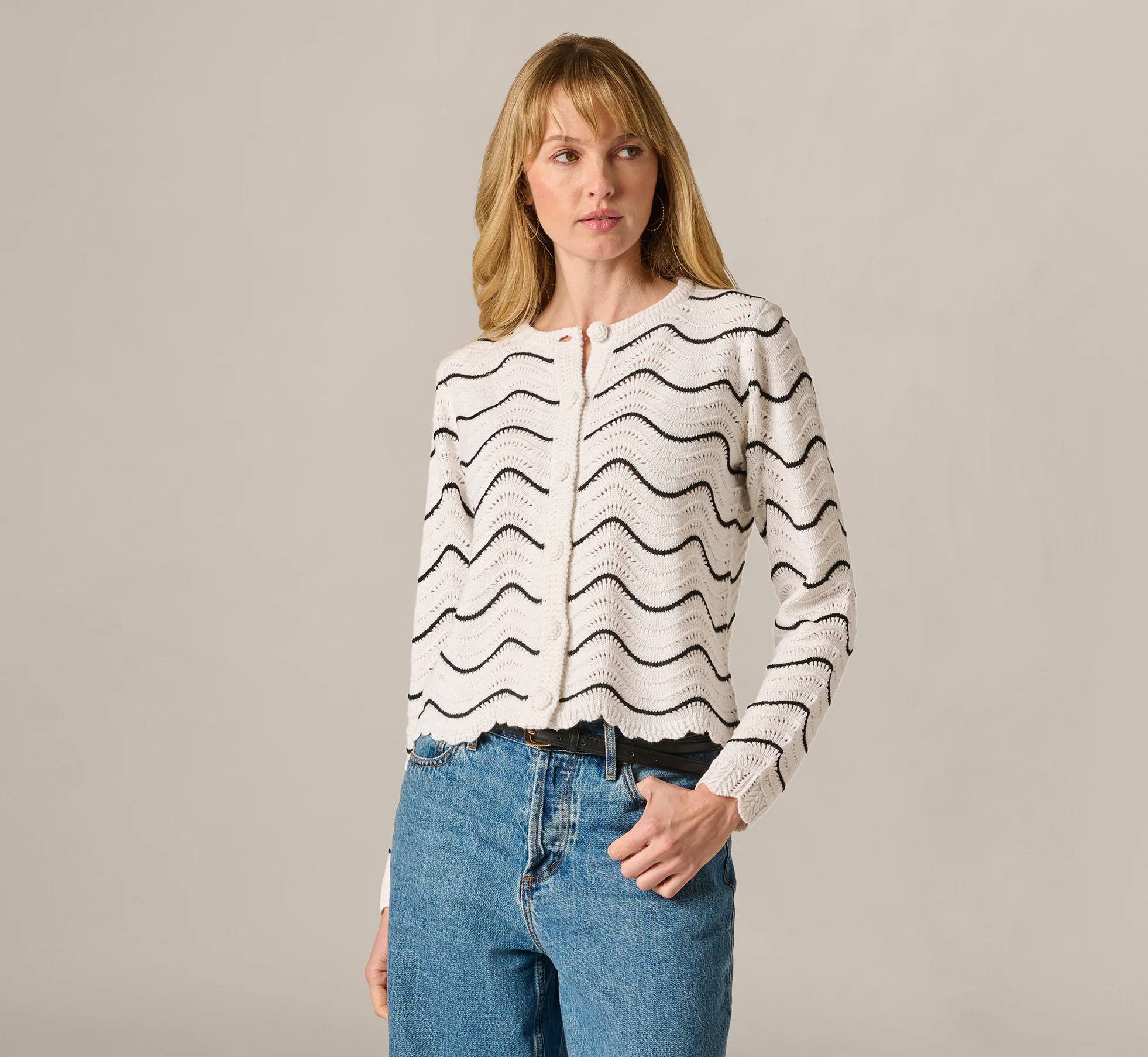 Open Pointelle Scalloped Cardigan Sweater In Glacier Black - Image 3