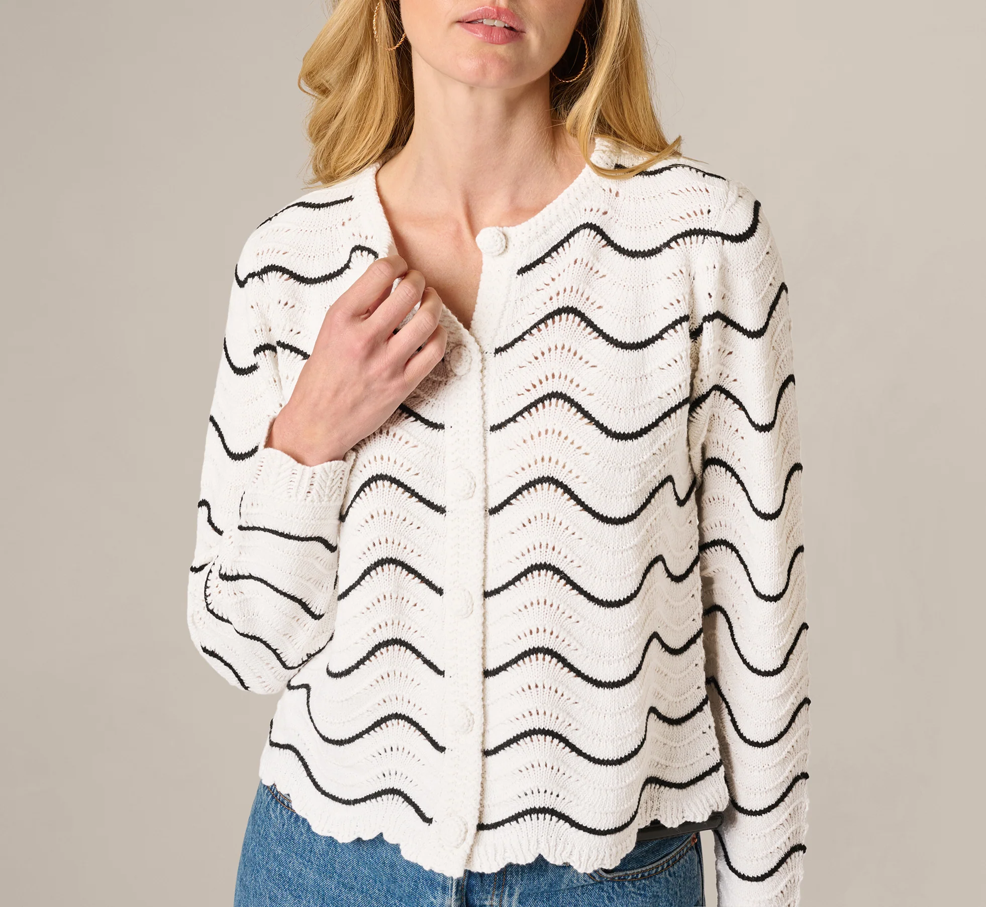 Open Pointelle Scalloped Cardigan Sweater In Glacier Black - Image 4
