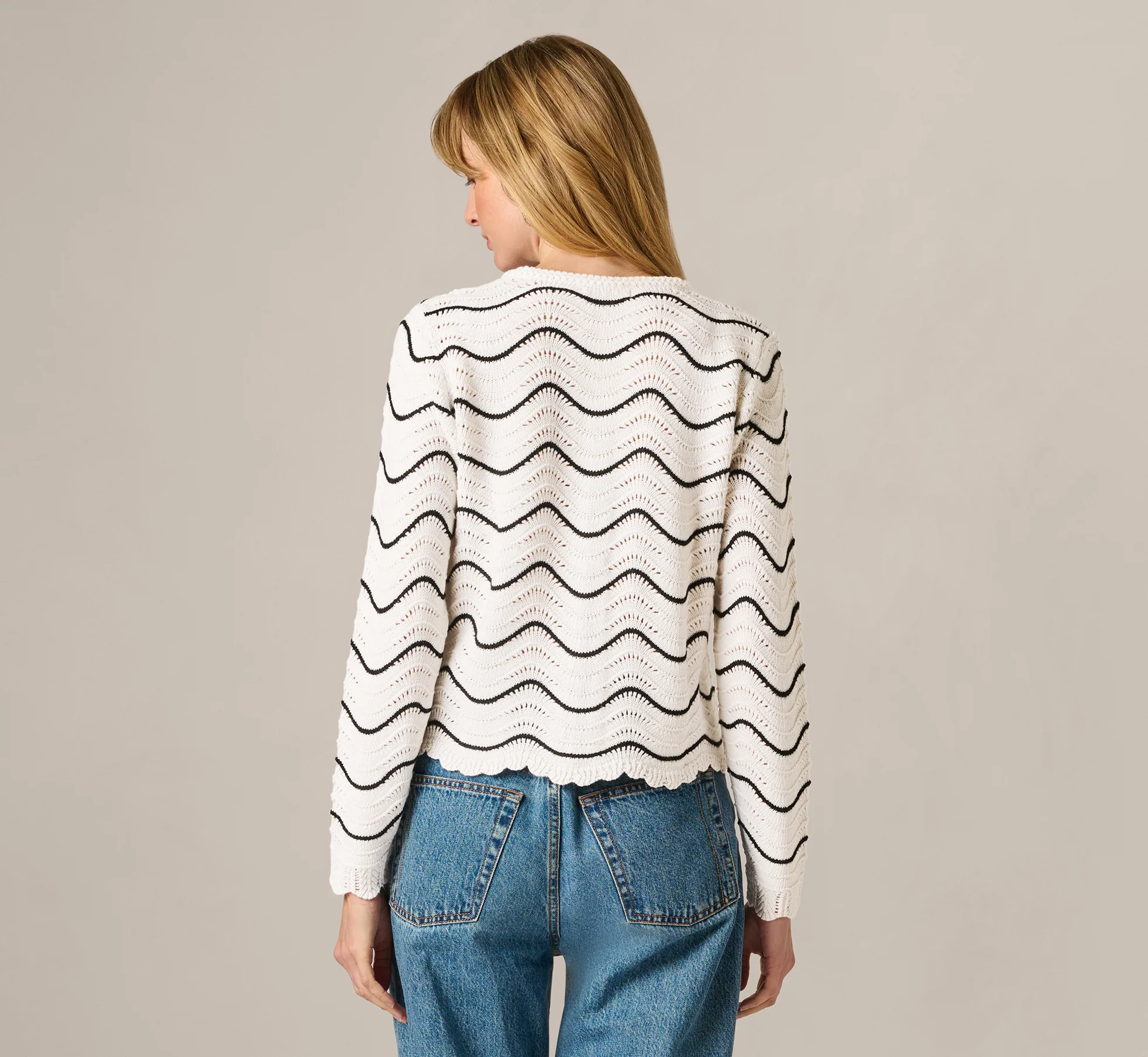 Open Pointelle Scalloped Cardigan Sweater In Glacier Black - Image 6