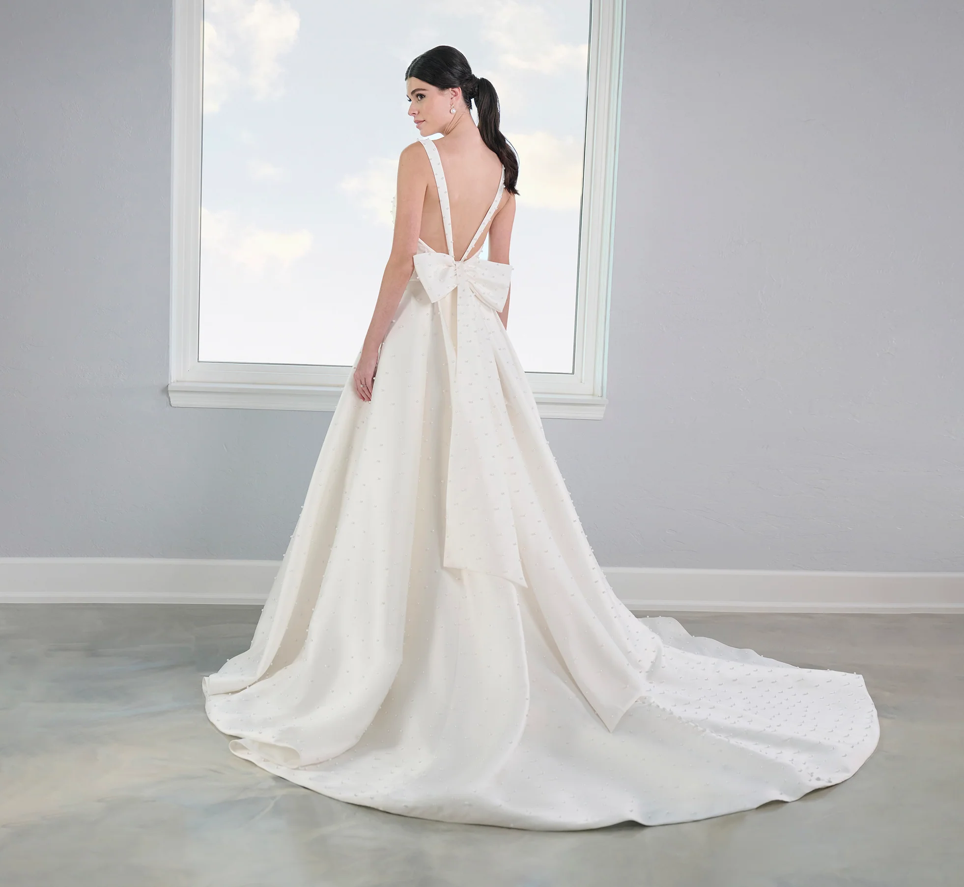 Pearl Studded Mikado A-Line Gown In Ivory Nude - Image 3