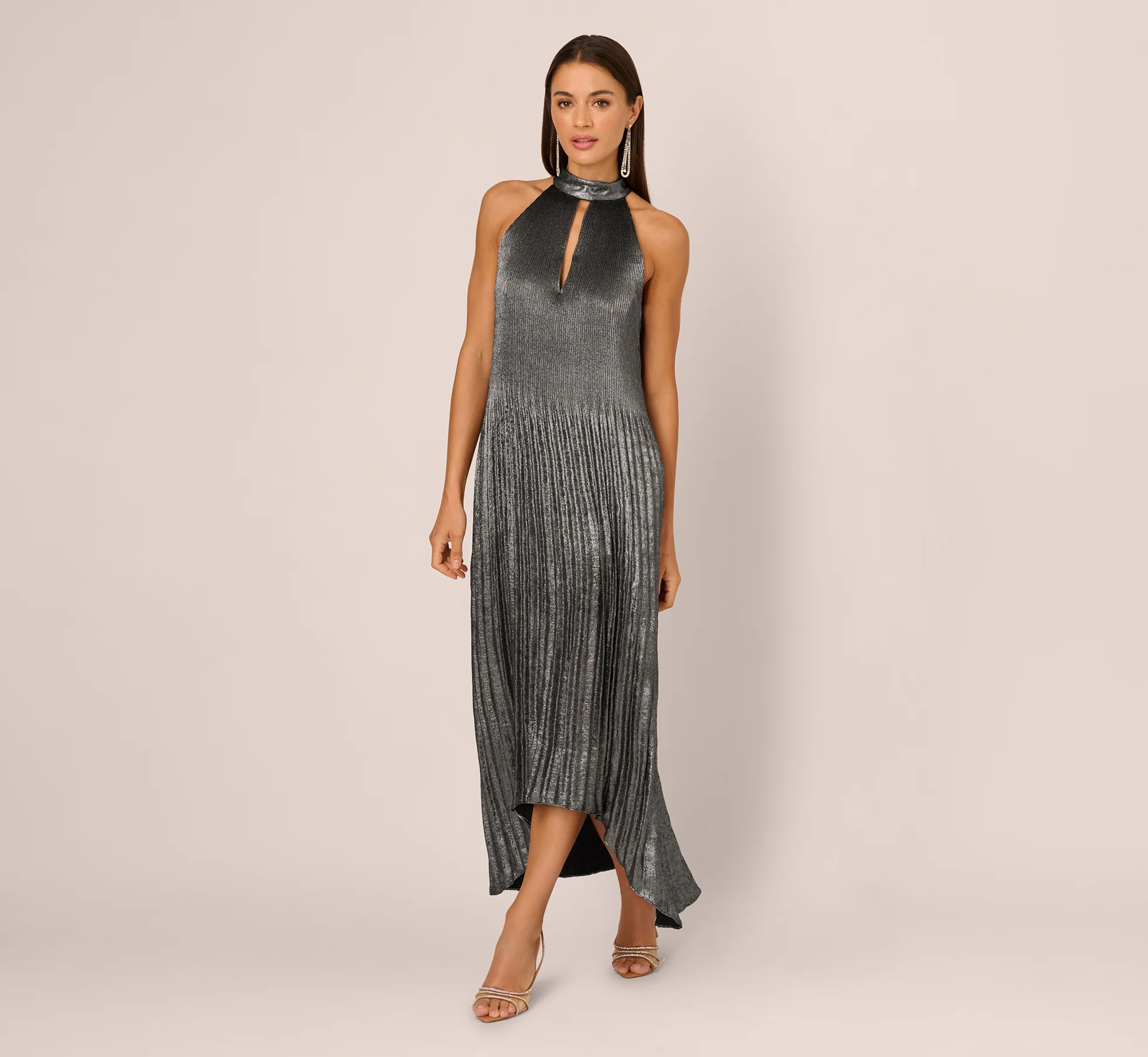 Pleated Metallic High Low Maxi Halter Dress In Gunmetal Black - Image 3