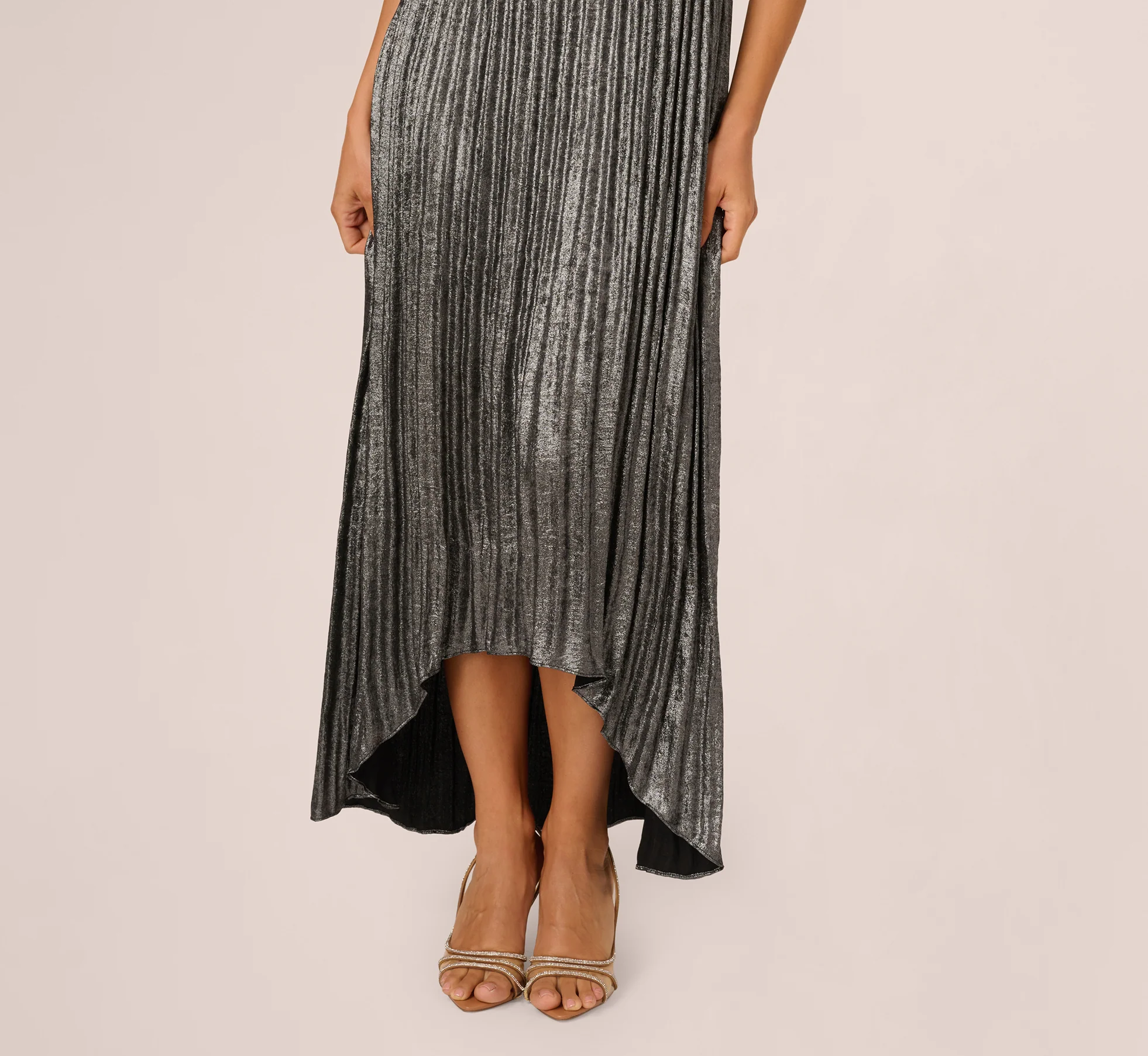 Pleated Metallic High Low Maxi Halter Dress In Gunmetal Black - Image 4