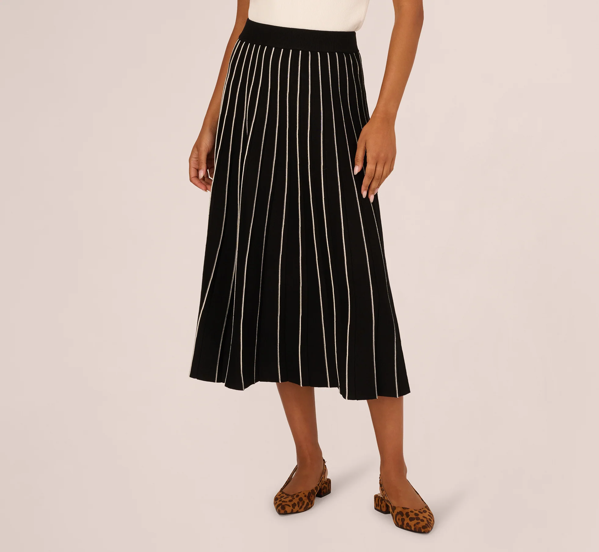 Pleated Pinstriped Knit Midi Skirt In Black Cream - Image 3