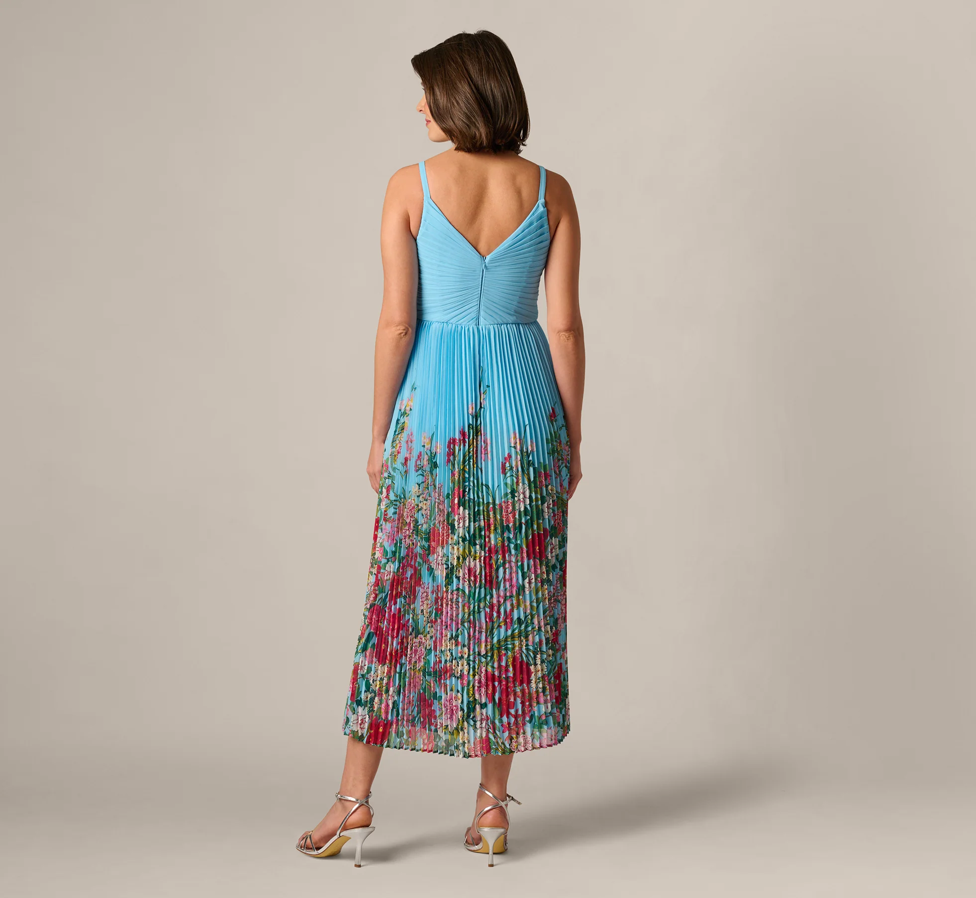 Pleated Wildflower Border Midi Dress In Light Blue Multi - Image 6