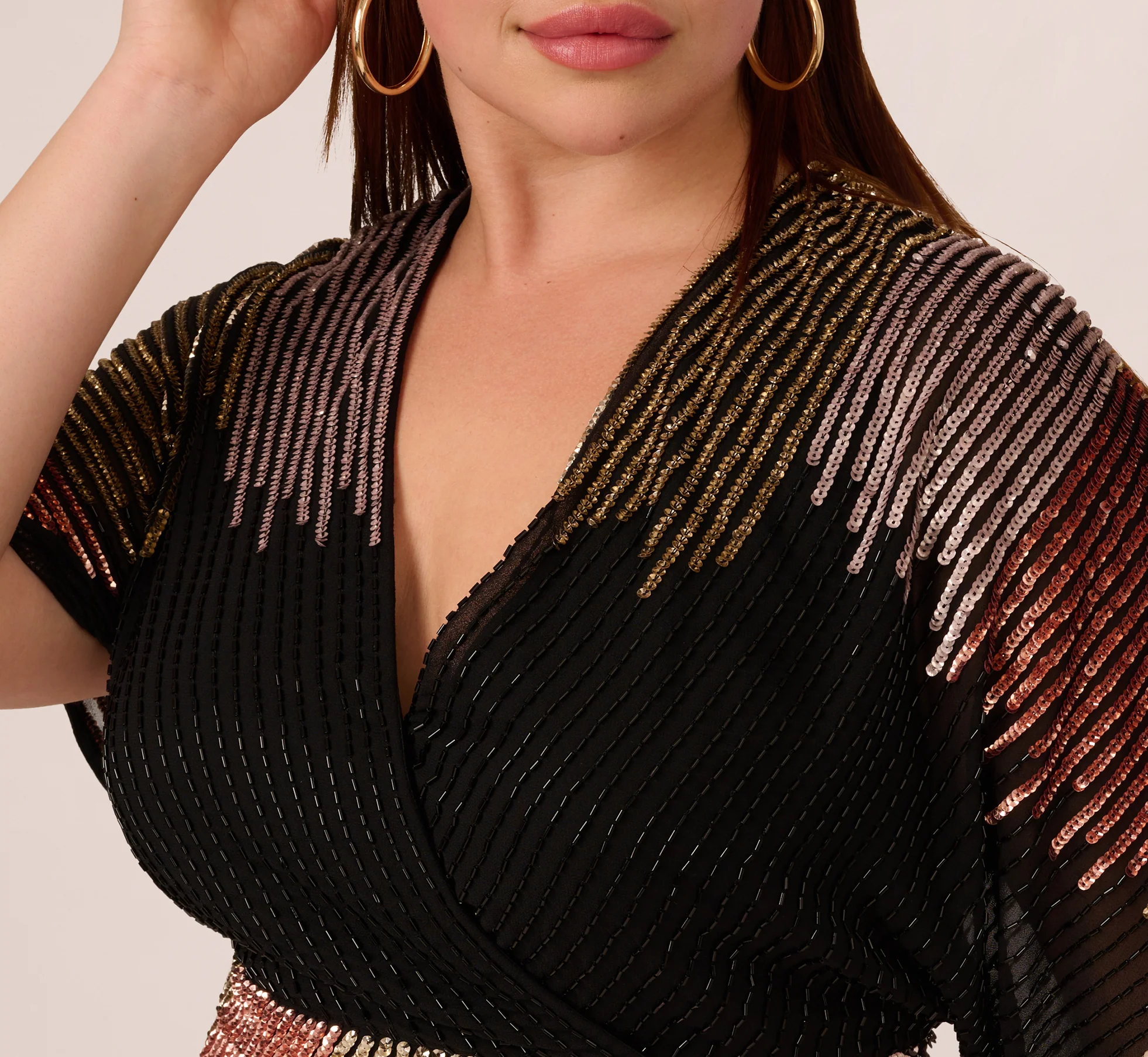 Plus Size Beaded Faux Wrap Dress With Dolman Sleeves In Black Bronze - Image 3