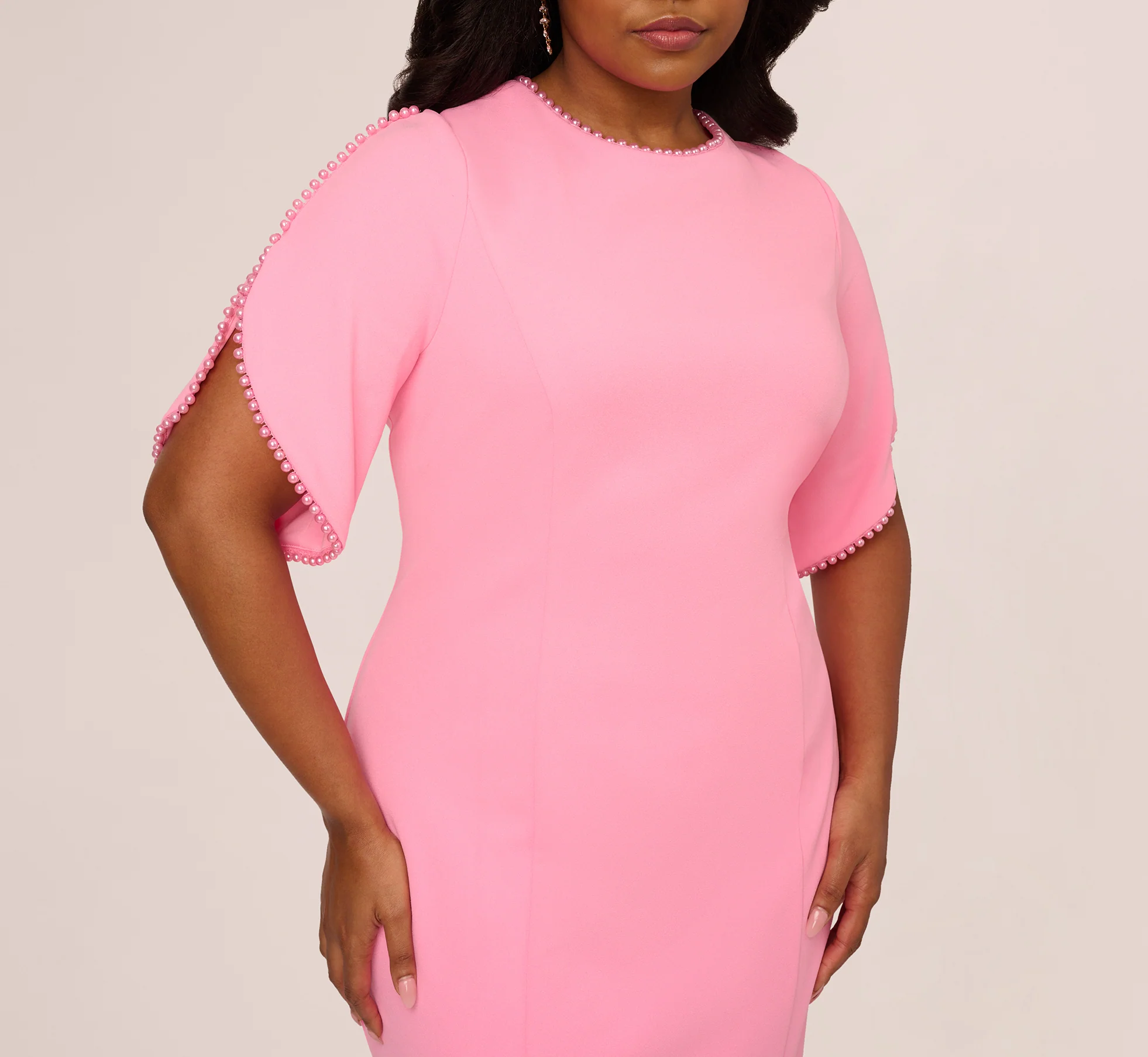 Plus Size Crepe Midi Length Sheath Dress With Pearl Trimmed Sleeves In Cherry Blossom - Image 3