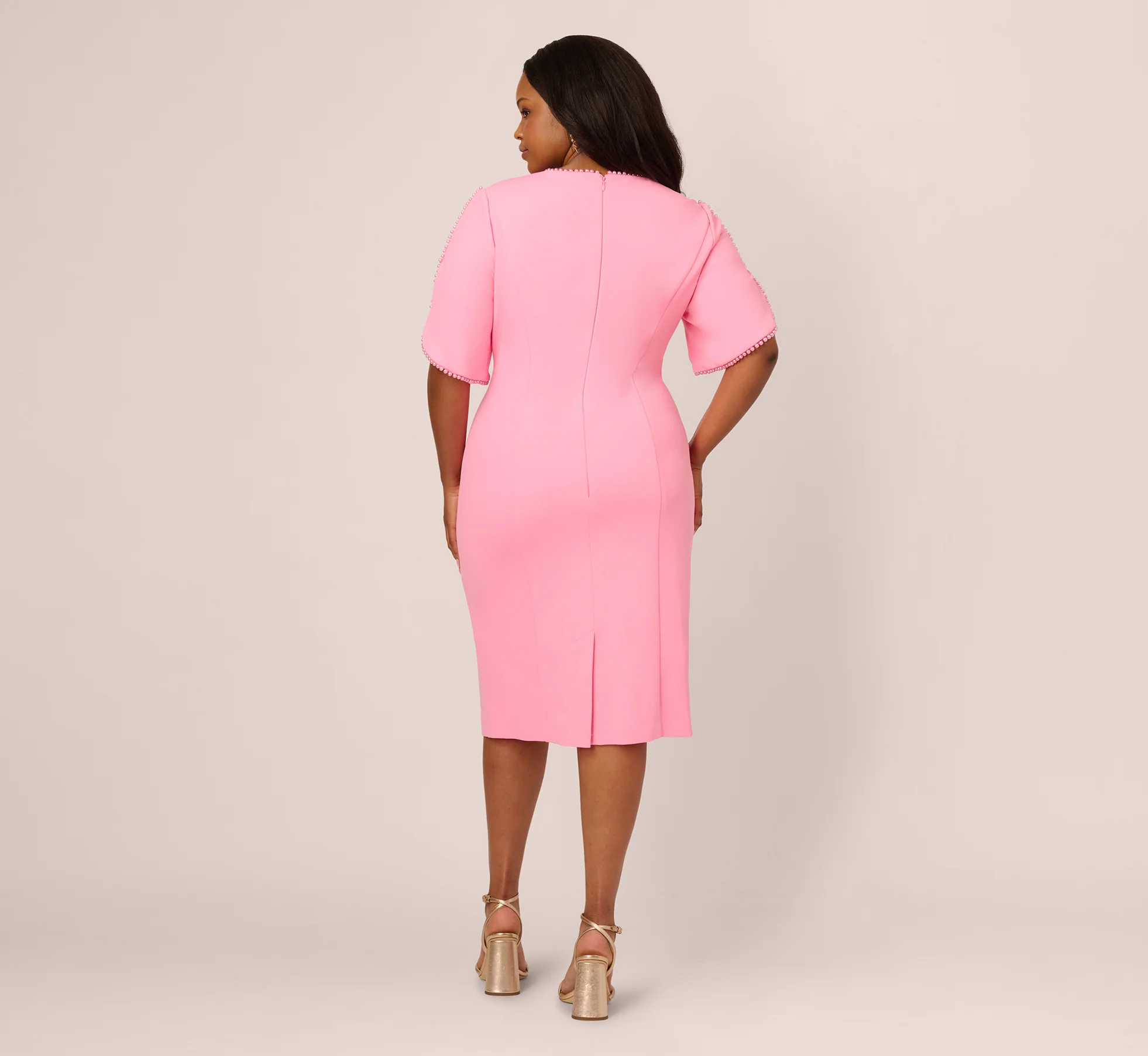 Plus Size Crepe Midi Length Sheath Dress With Pearl Trimmed Sleeves In Cherry Blossom - Image 5
