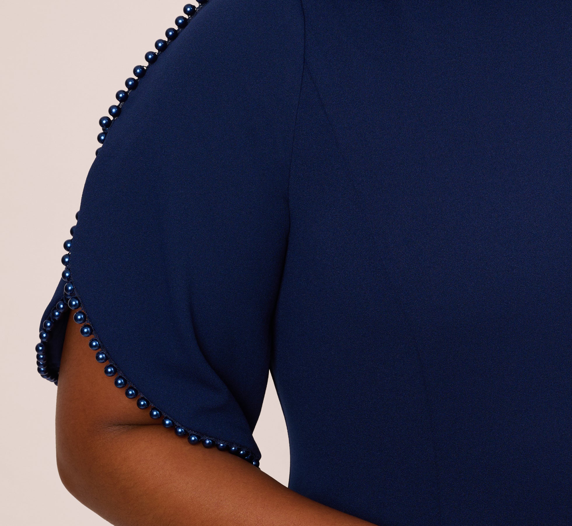 Plus Size Crepe Midi Length Sheath Dress With Pearl Trimmed Sleeves In Navy Sateen - Image 4