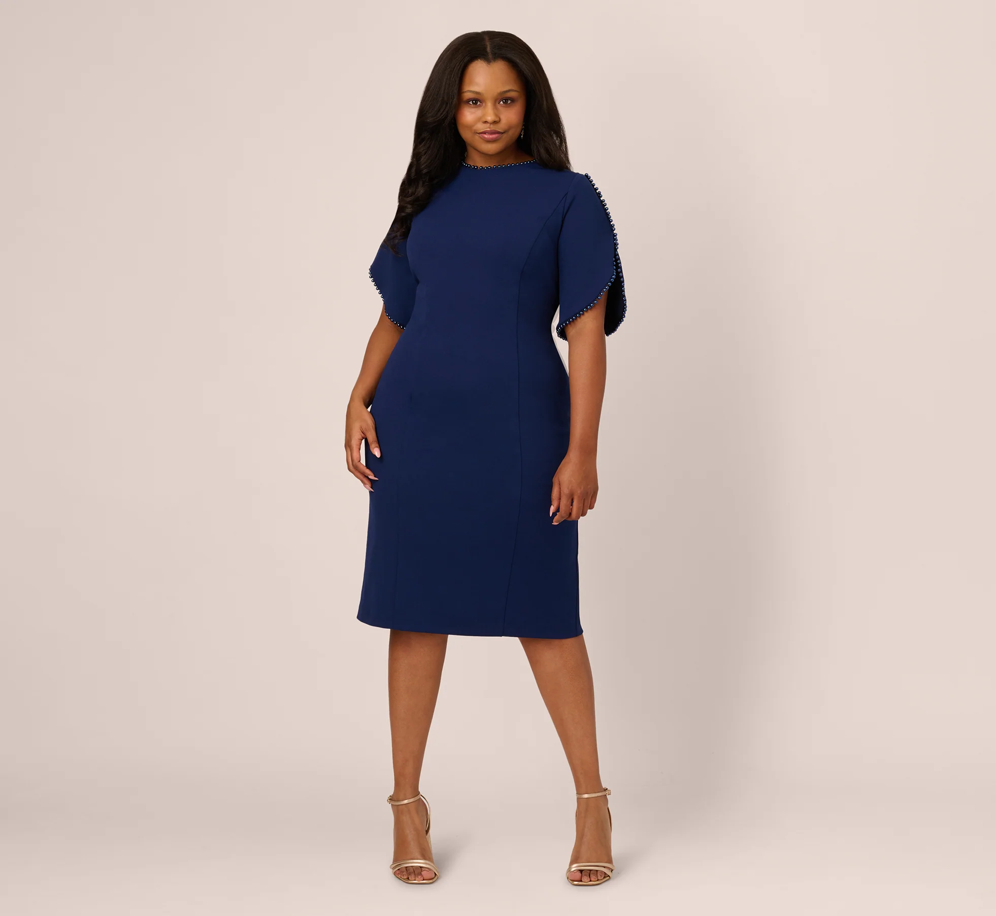 Plus Size Crepe Midi Length Sheath Dress With Pearl Trimmed Sleeves In Navy Sateen - Image 7