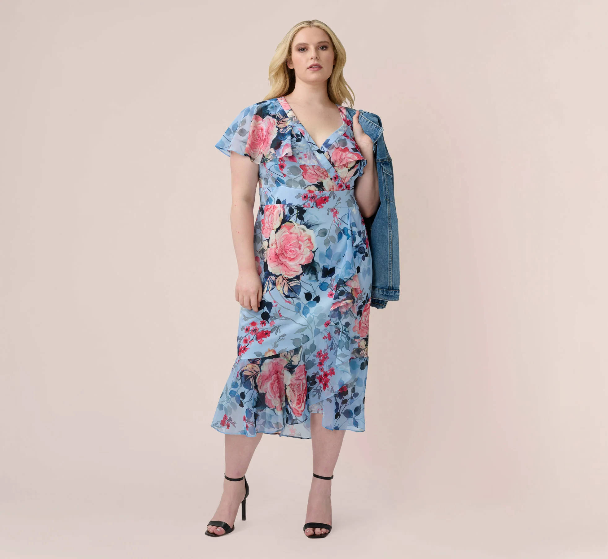 Plus Size Floral Faux Wrap Dress In Blue Multi - Image 6
