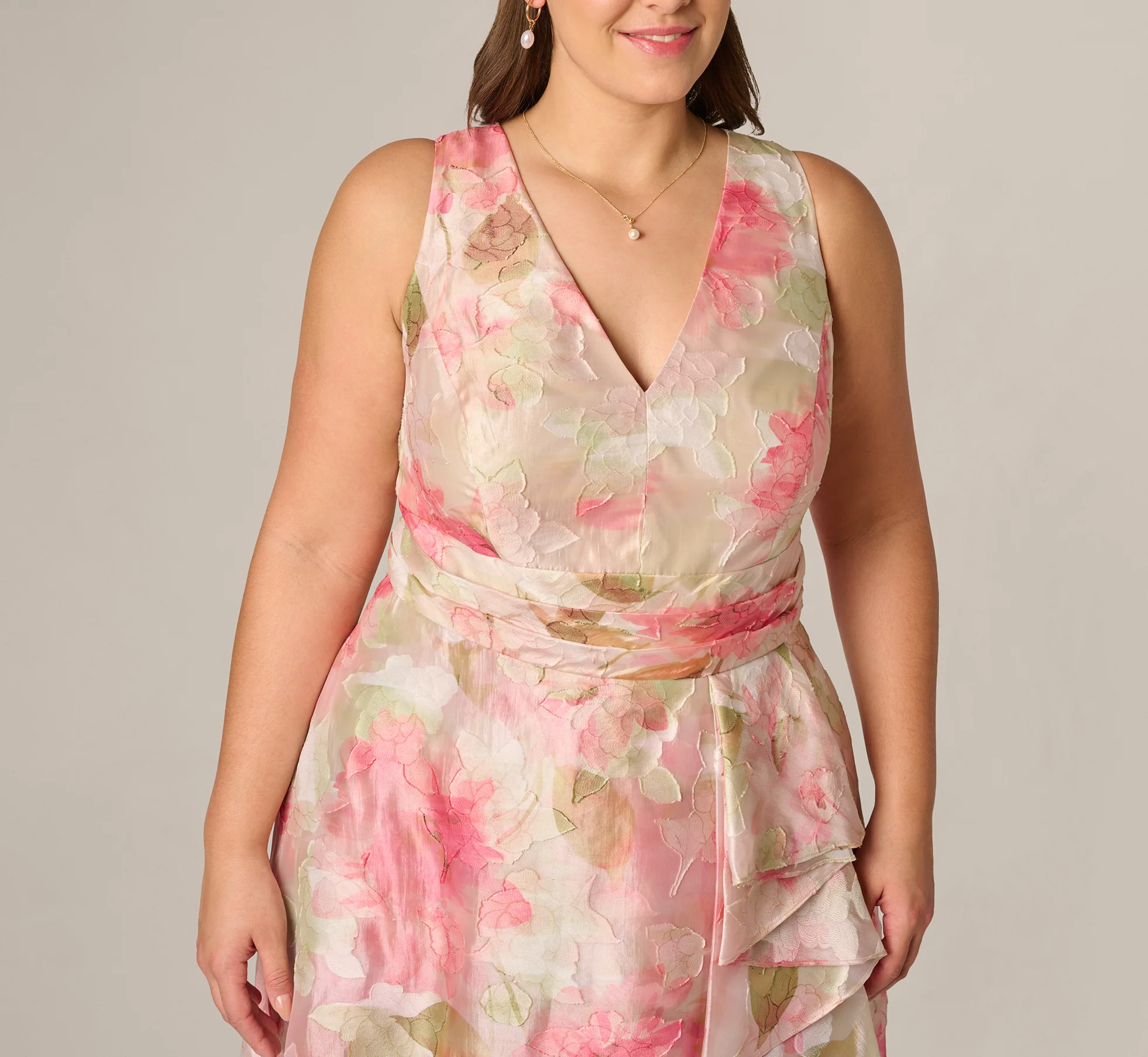 Plus Size Floral Organza Cascade High Low Midi Dress In Sage Multi - Image 3