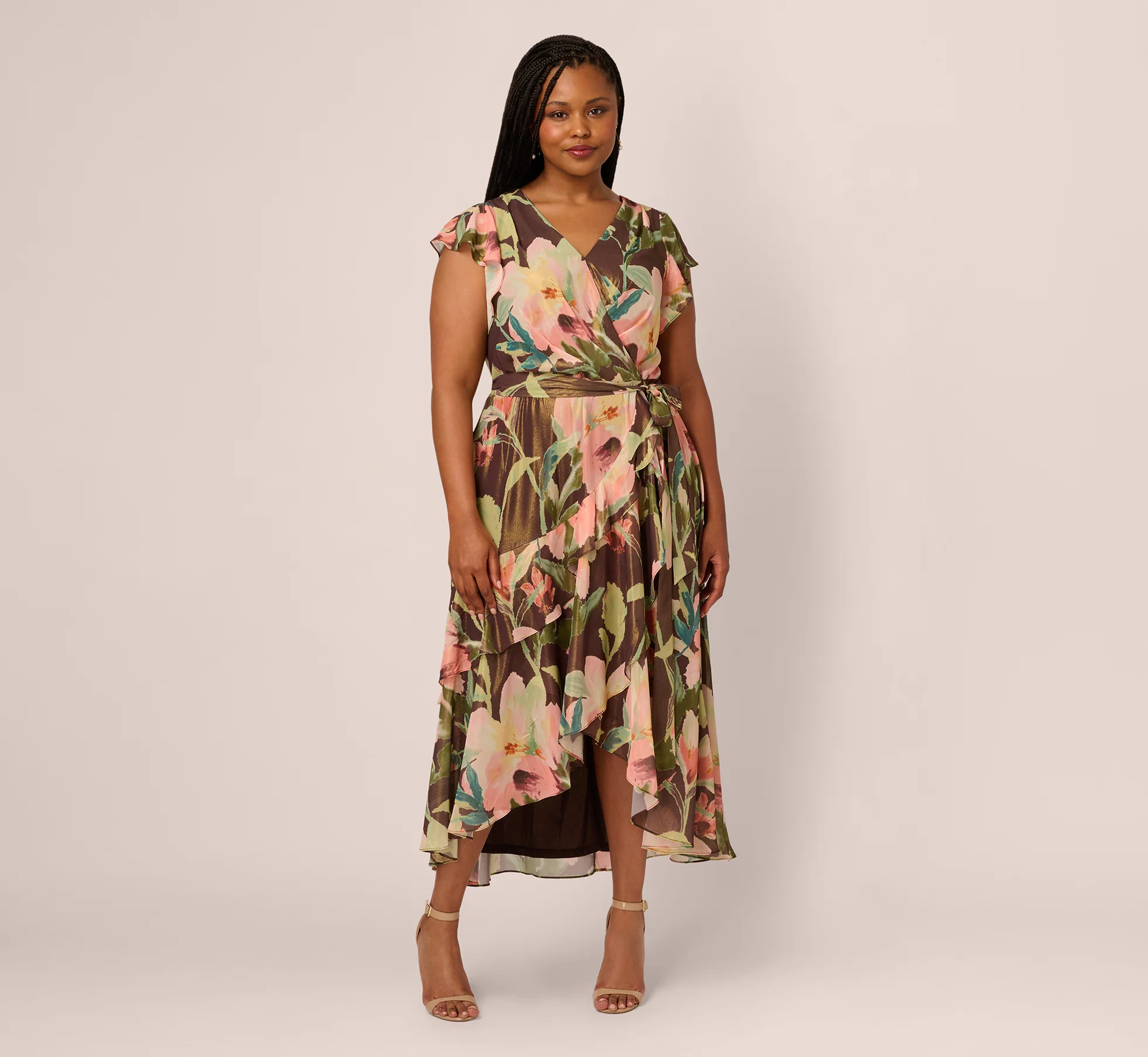 Plus Size Flutter Sleeve High Low Midi Wrap Dress In Brown Multi - Image 2