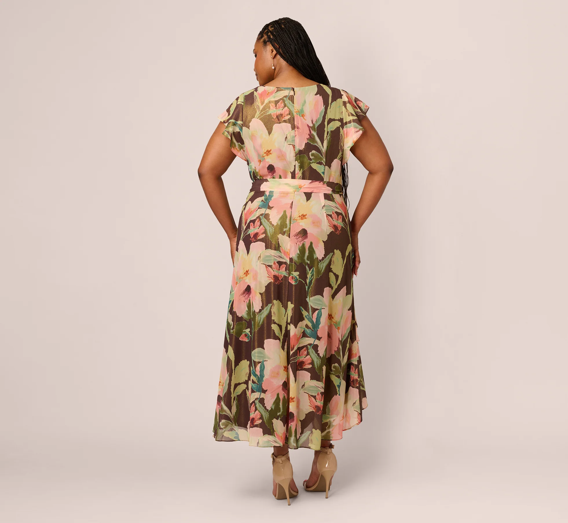 Plus Size Flutter Sleeve High Low Midi Wrap Dress In Brown Multi - Image 5