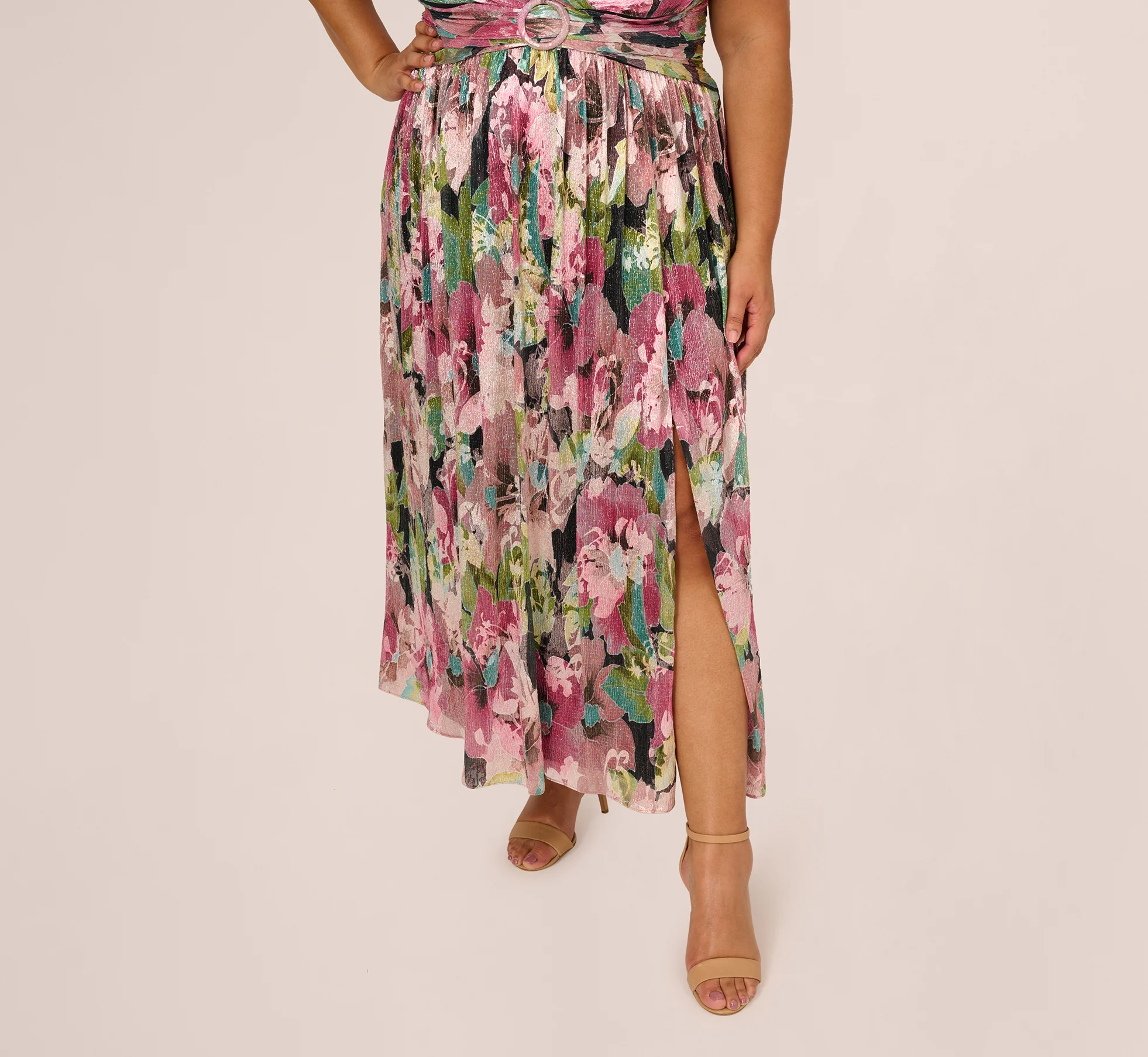 Plus Size Flutter Sleeve Metallic Floral Gown In Navy Pink Multi - Image 5