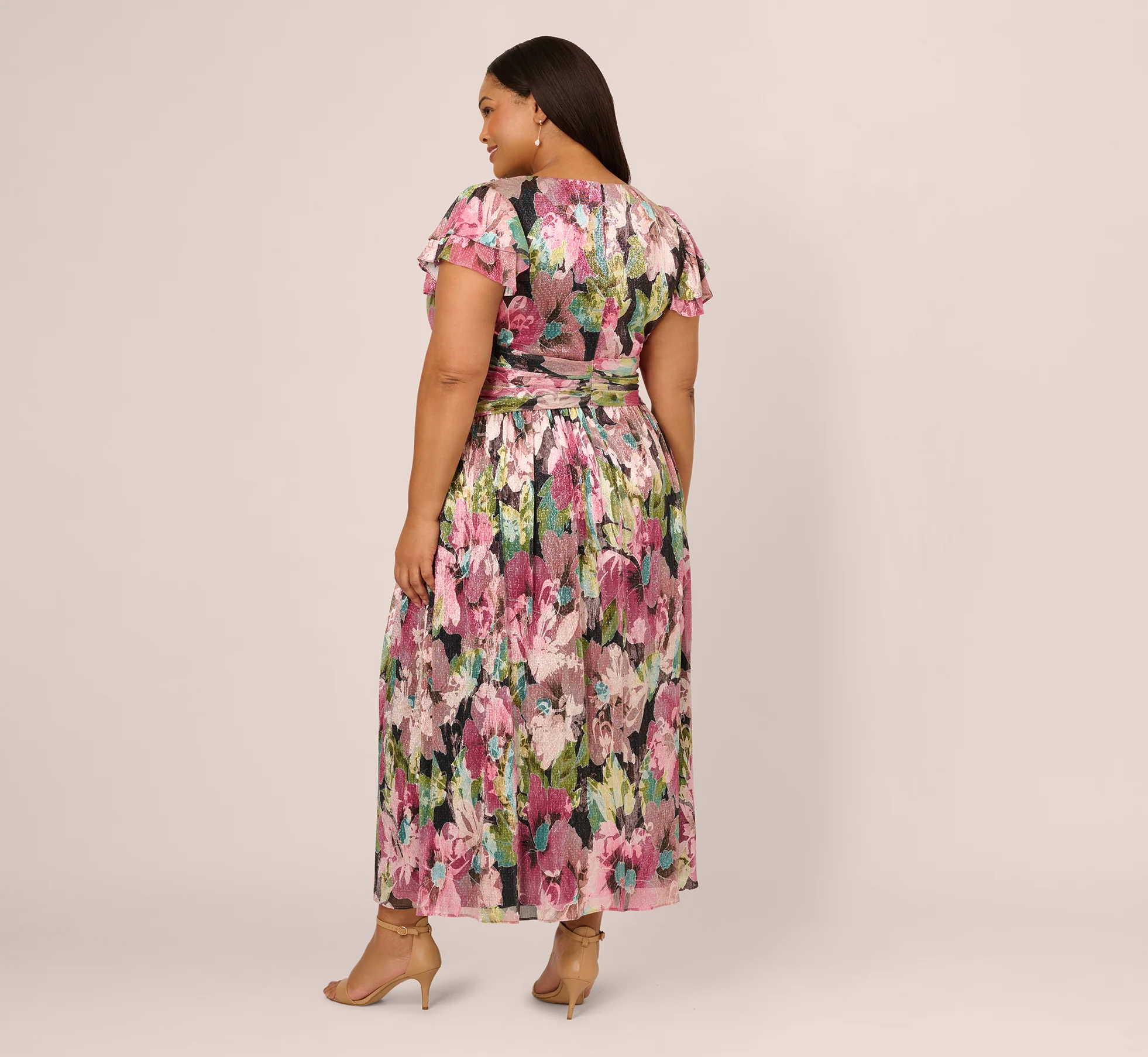 Plus Size Flutter Sleeve Metallic Floral Gown In Navy Pink Multi - Image 6
