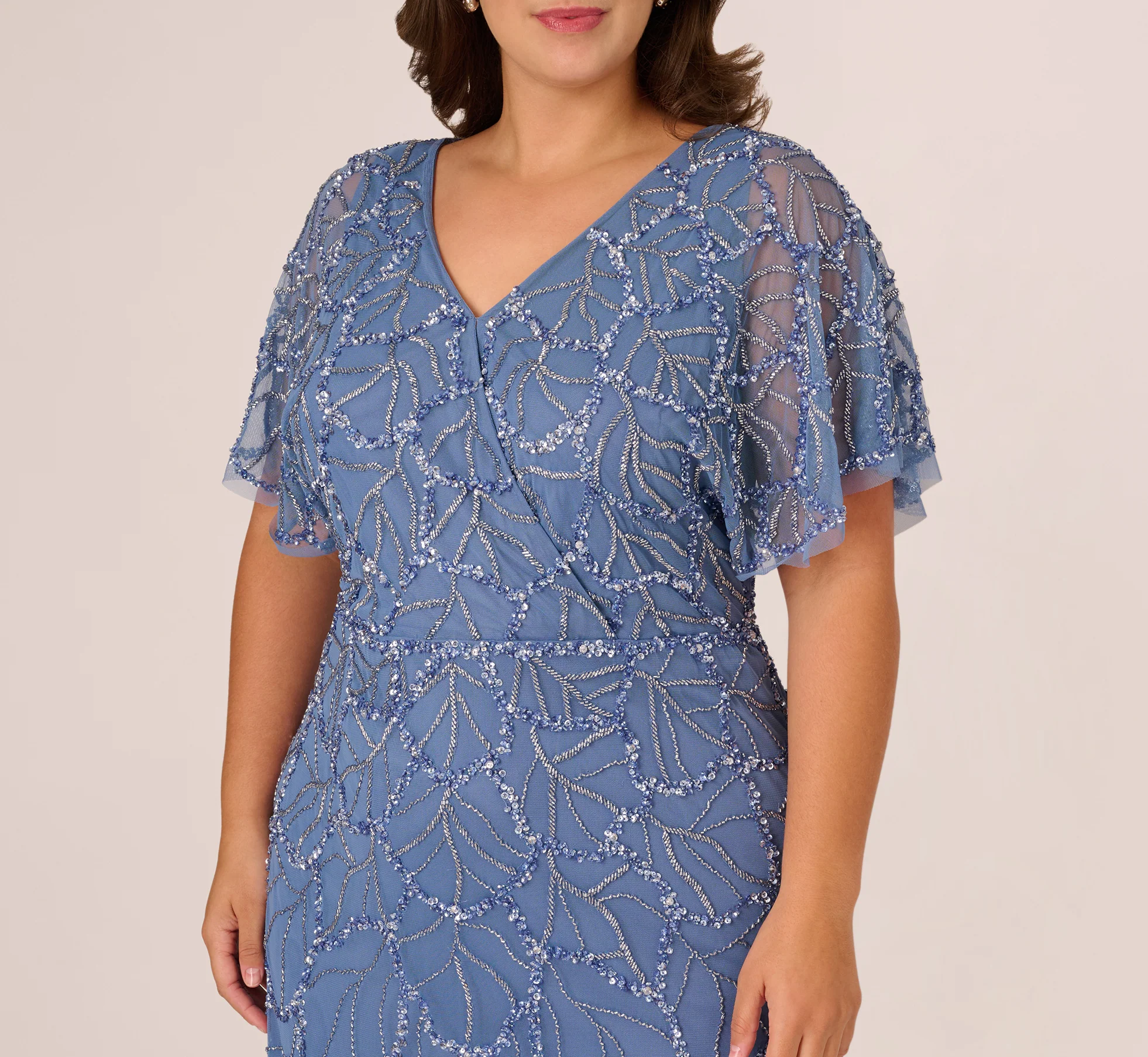 Plus Size Flutter Sleeve Surplice Beaded Gown In French Blue - Image 3