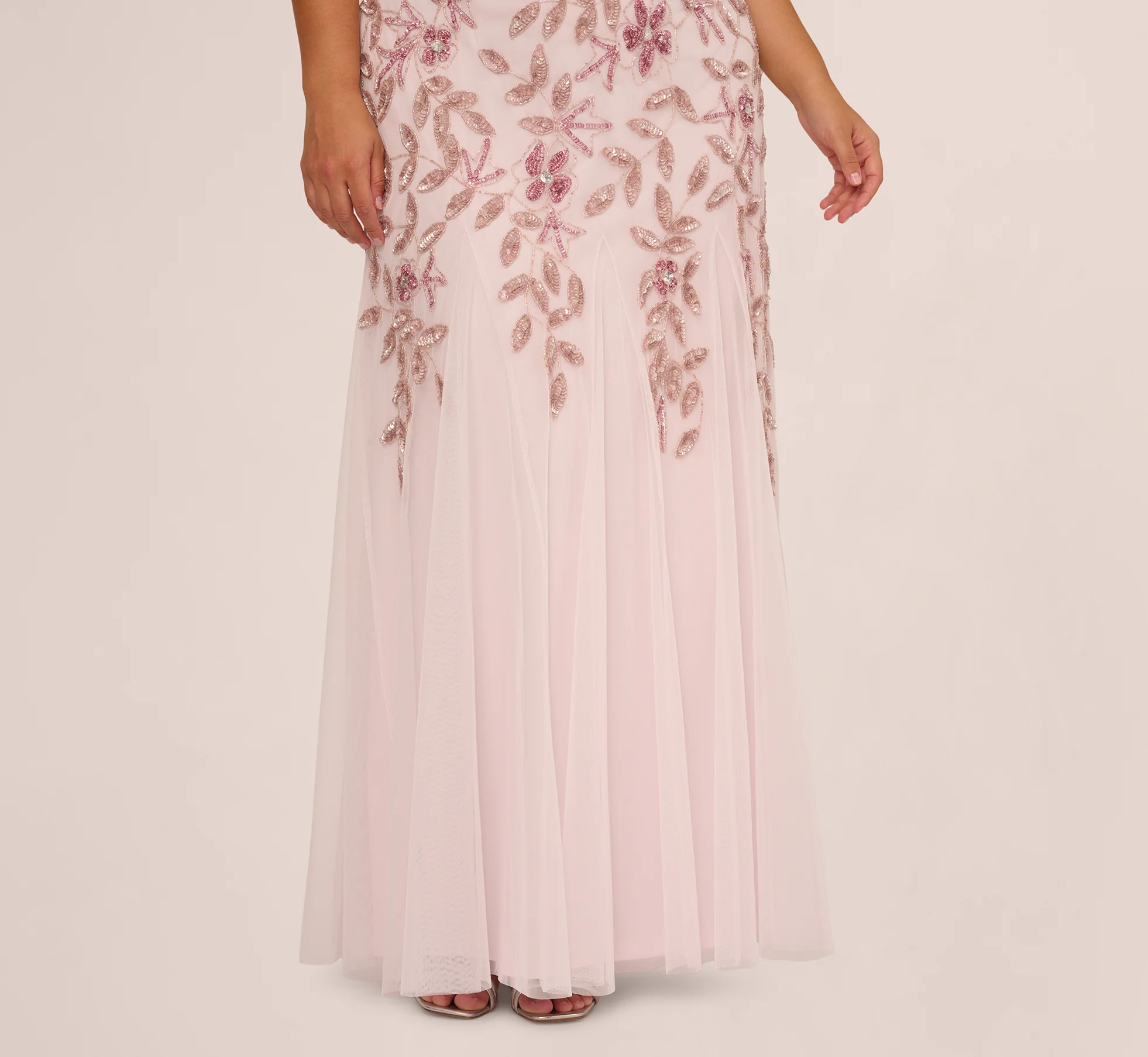 Plus Size Hand Beaded Short Sleeve Floral Godet Gown In Blush Pink - Image 4