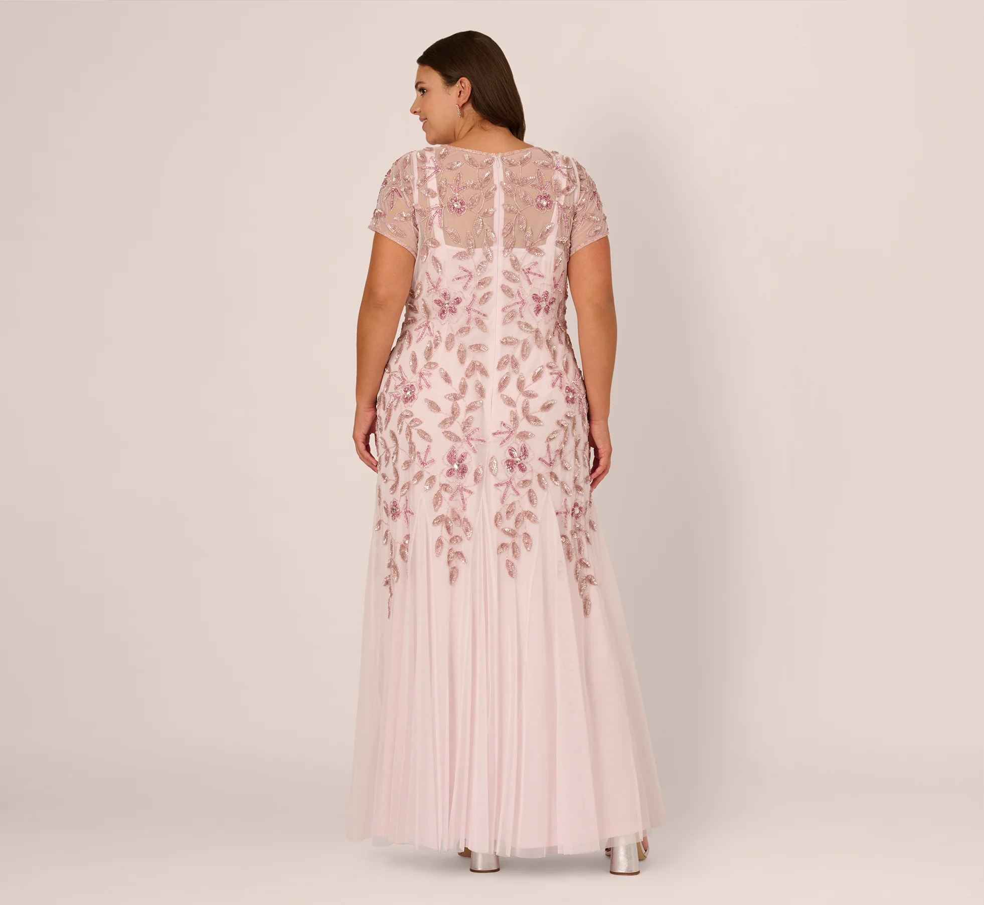 Plus Size Hand Beaded Short Sleeve Floral Godet Gown In Blush Pink - Image 5