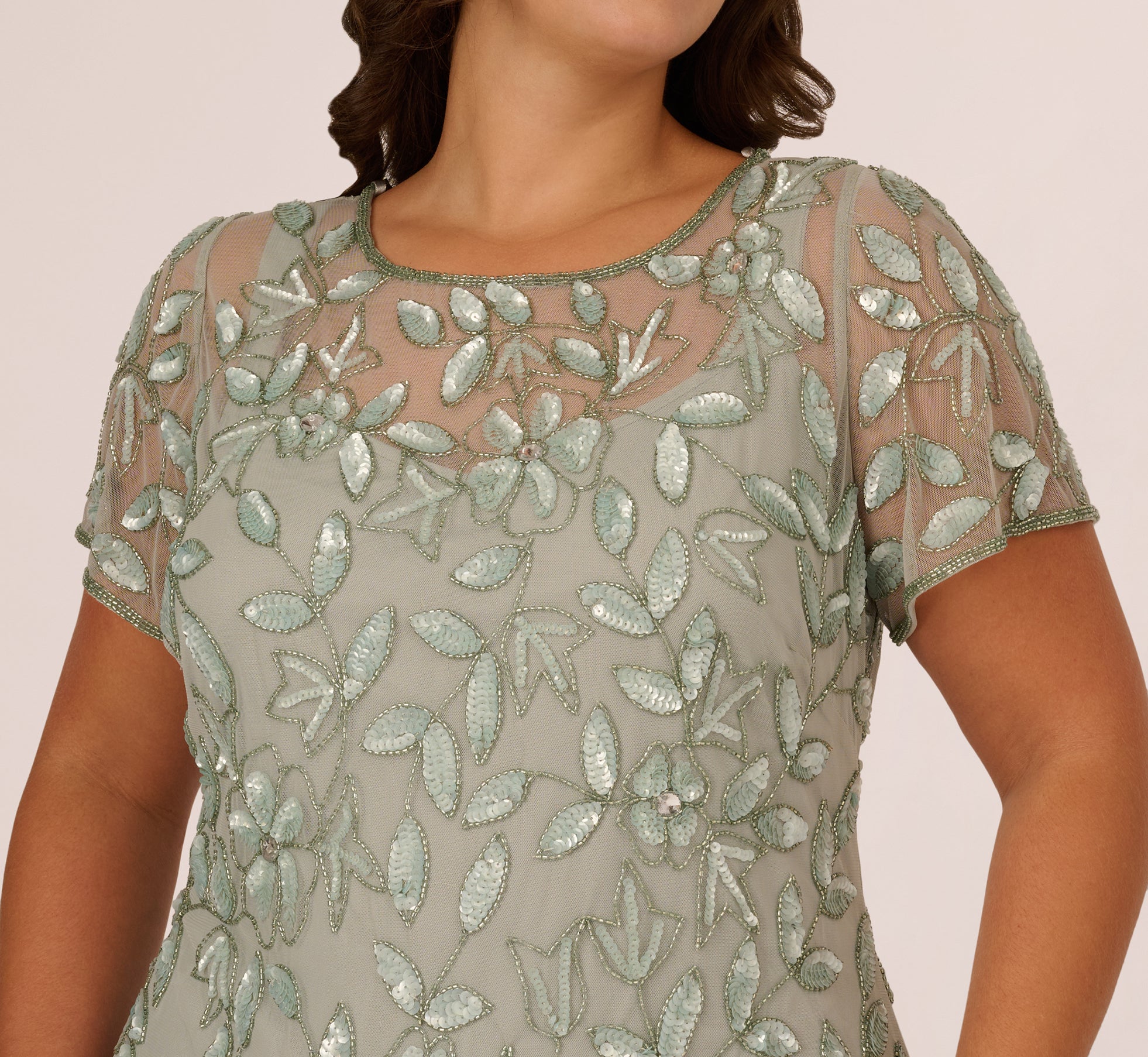 Plus Size Hand Beaded Short Sleeve Floral Godet Gown In Frosted Sage - Image 3